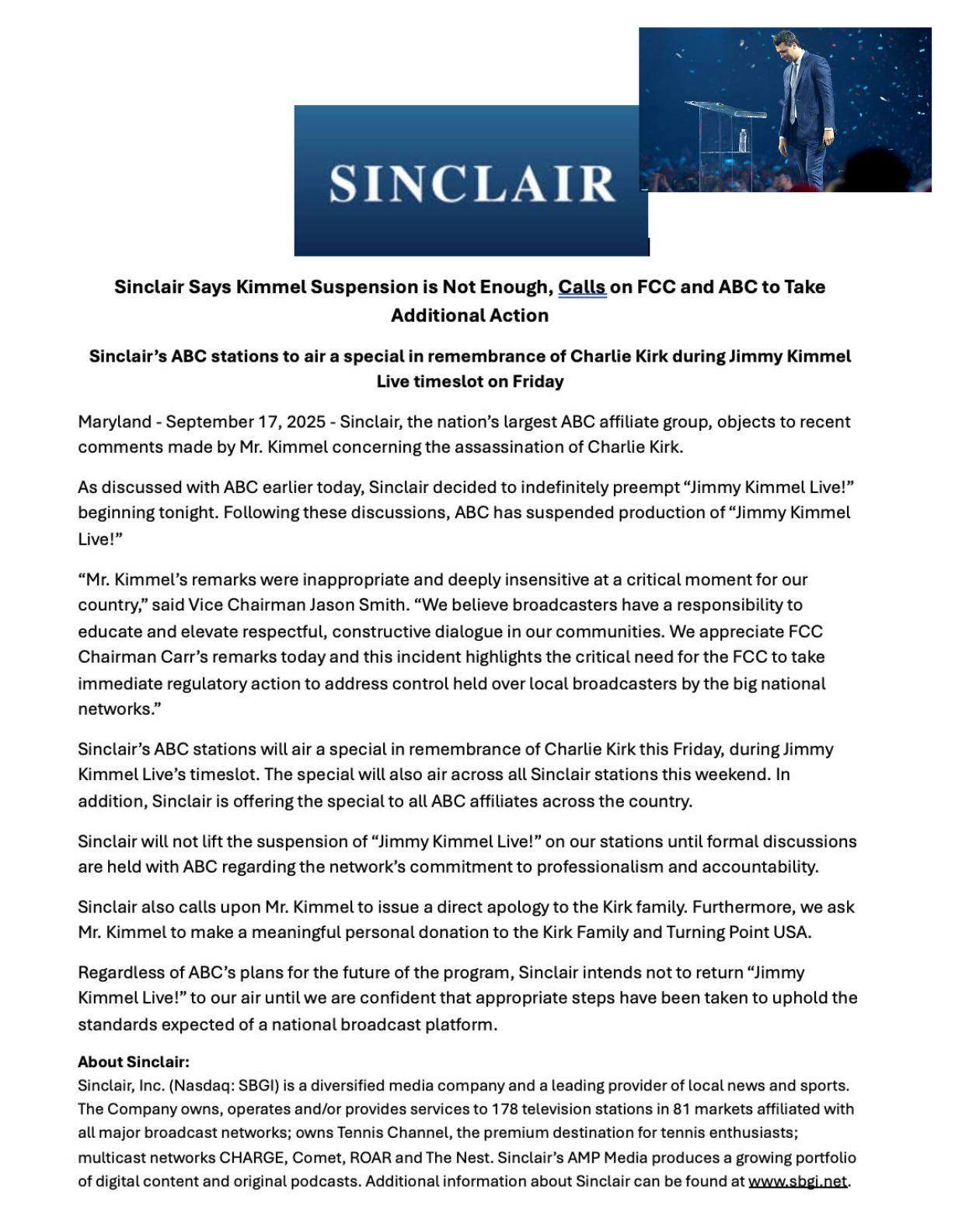 Sinclair Broadcast Group Press Release announcing the indefinite cancellation of Jimmy Kimmel's late-night show.&nbsp;