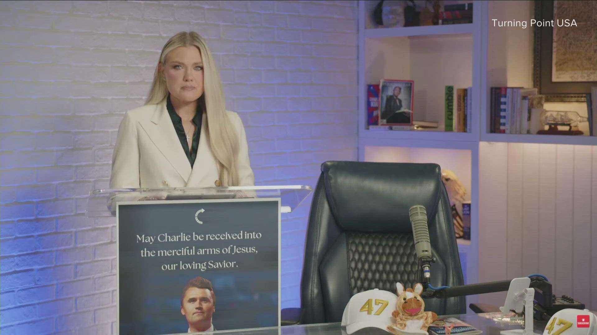 Erika Kirk delivers first public statement following the fatal shooting of her husband Charlie Kirk. She stands next to his chair in the studio where "The Charlie Kirk Show" was recorded.&nbsp;