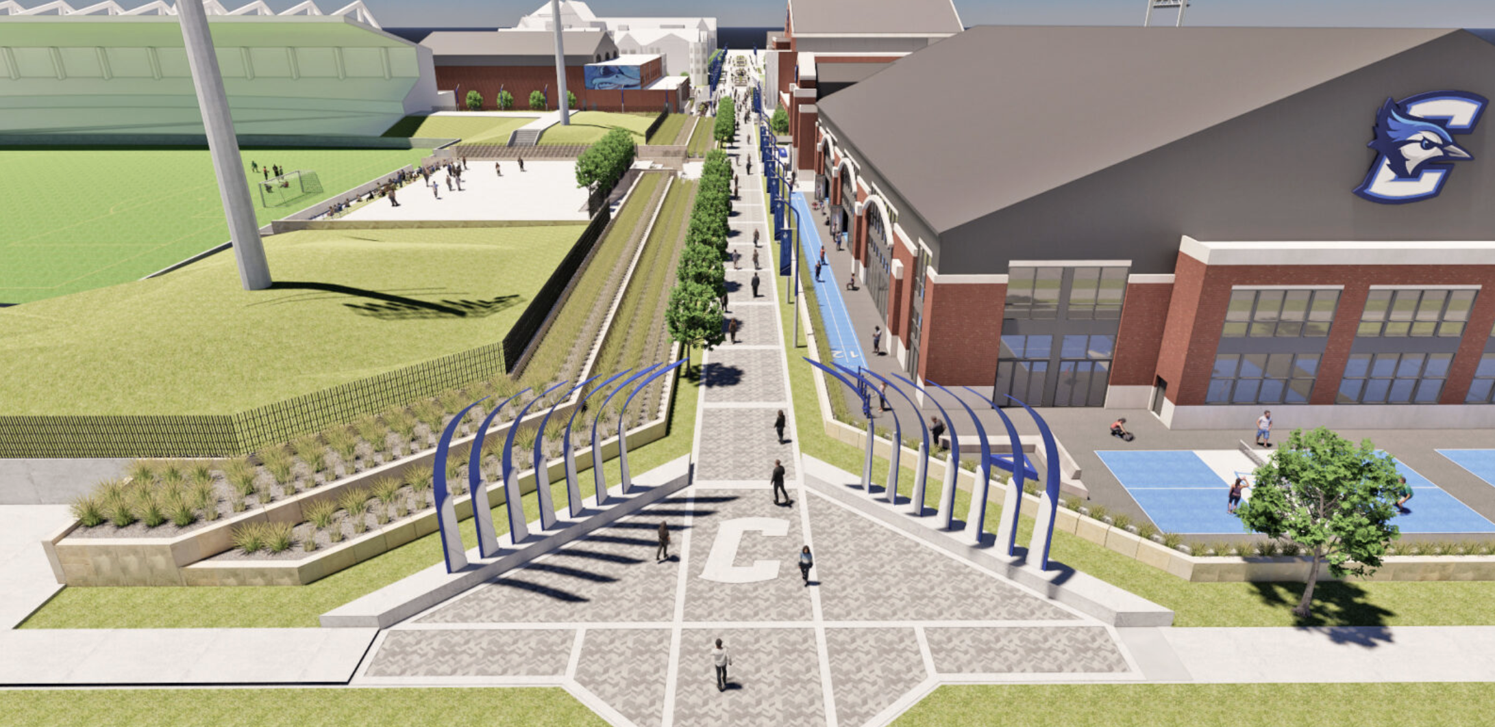  The planned Jaywalk is a passageway that would link Creighton University’s east campus to the Builder’s District, a multimillion-dollar campus where the anchor is the Kiewit Corp. headquarters and is being developed by Noddle Companies. The Jaywalk is one element of a roughly $300 million “Fly Together” initiative announced Thursday expected to better blend Creighton into Omaha’s core. (Courtesy of Creighton University)