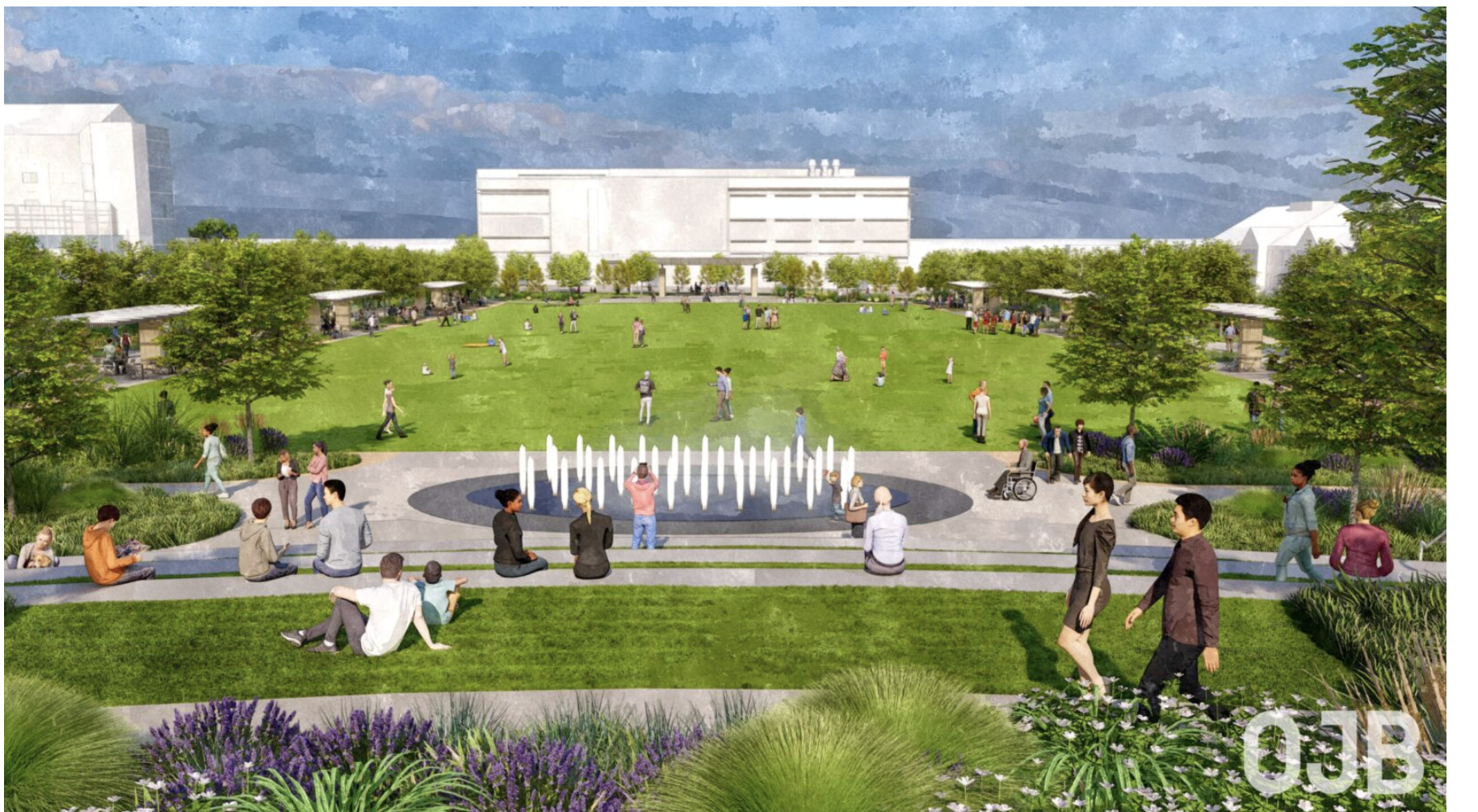 Rendering of fountain area of future Creighton University “Quad” space. (Courtesy of OJB)