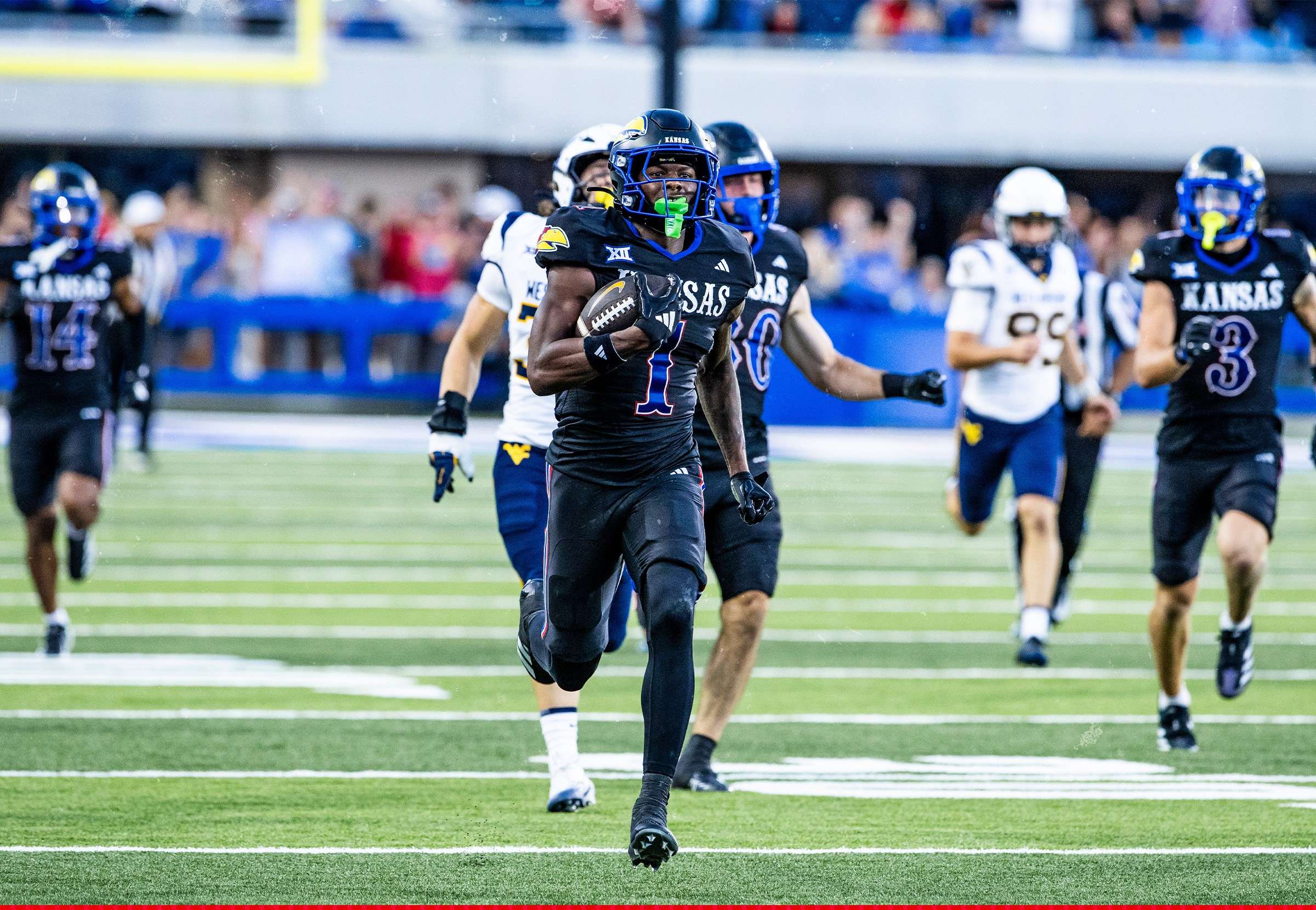 Kansas dominated in their Big 12 opener against West Virginia, topping the Mountaineers 41-10 at David Booth Memorial Stadium/ Photo courtesy of KU Football on X