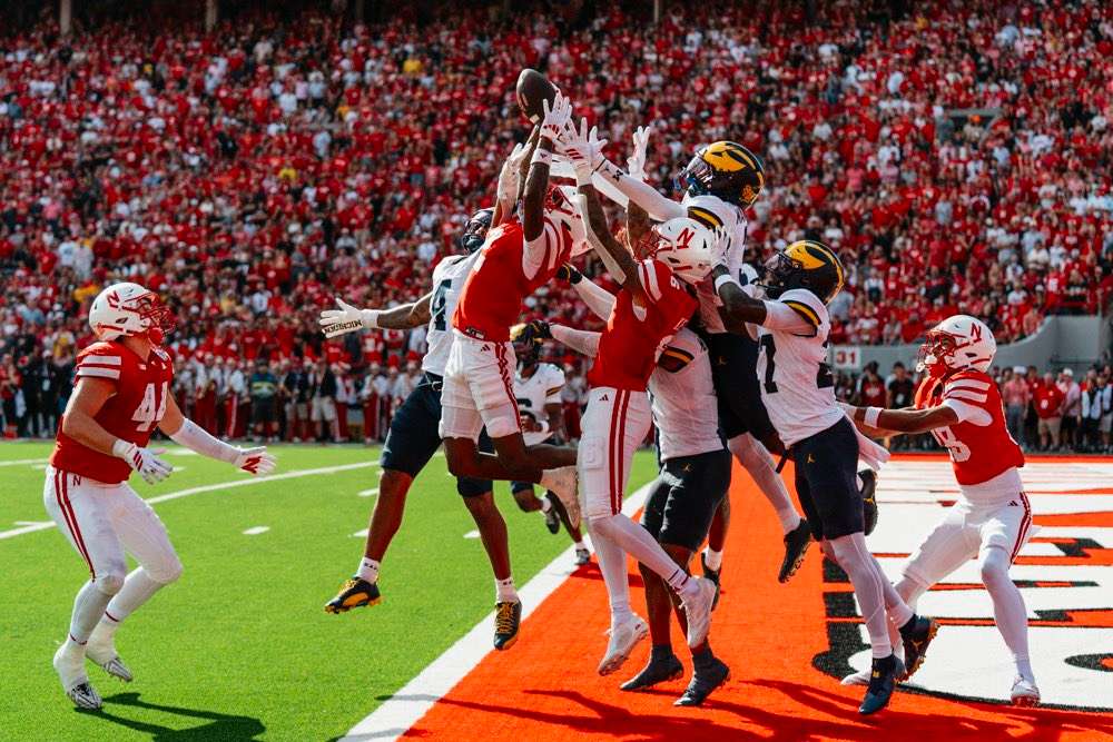 Nebraska quarterback Dylan Raiola completed a dynamic Hail Mary pass at the end of the first half, which sent the game to halftime tied 17-17, but the Huskers fell to #21 Michigan 30-27/ Photo courtesy of Big Ten Football on X