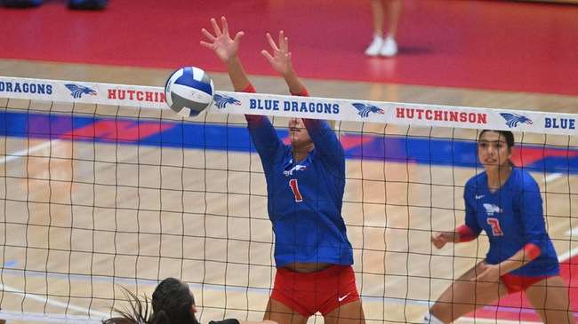 Kierny Foller and the Blue Dragon volleyball team swept Eastern Wyoming and Colorado Northwestern to complete the EWC Classic 3-1 on Saturday in Torrington, WY. (Andrew Carpenter/Digital Fox Photography)