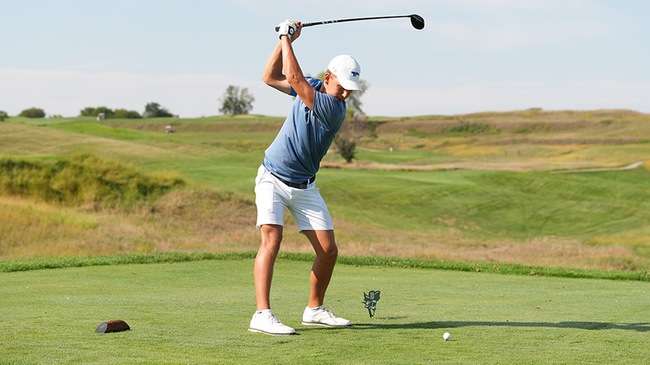 Grant Hatzenbuehler fires a second-round 71 and is tied for second after two rounds of the Bent Tree Classic in Council Bluffs, Iowa. The Blue Dragons take a 13-stroke lead into Tuesday's final round. (Photo courtesy Sirena Salazar/Iowa Western social media coordinator).