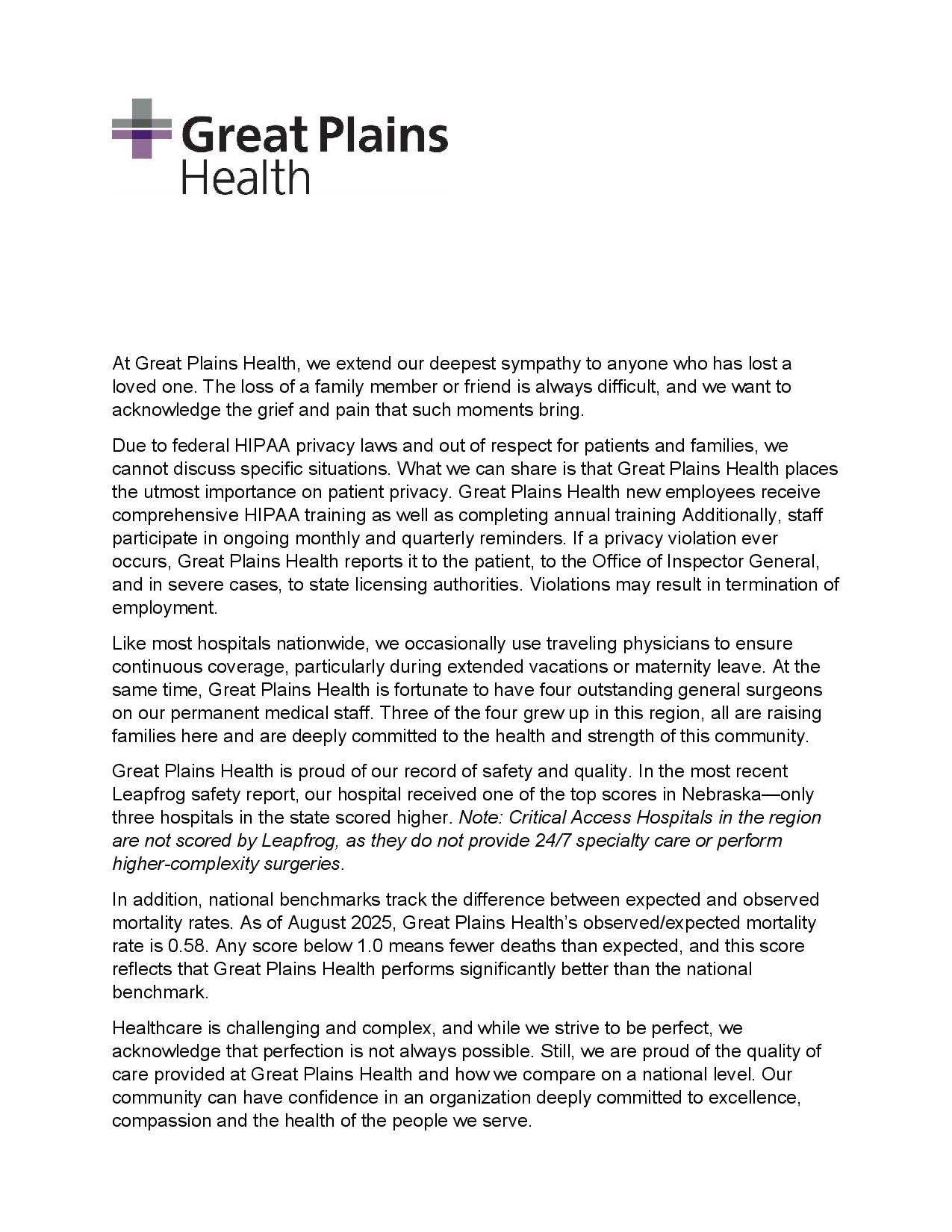Great Plains Health provided by a hospital representative.&nbsp;