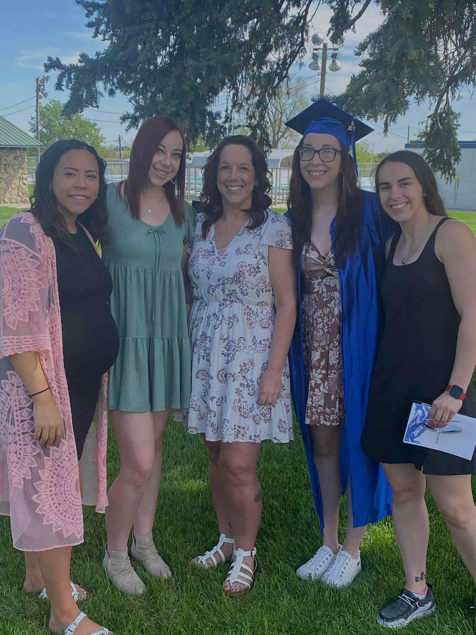 Janeen and her four daughters at Andee's graduation. Left to Right: Anastasia Miller, Ashley Winder, Janeen White Gill, Andee Quigley, Autumn Miller. Courtesy Anastasia Miller.&nbsp;