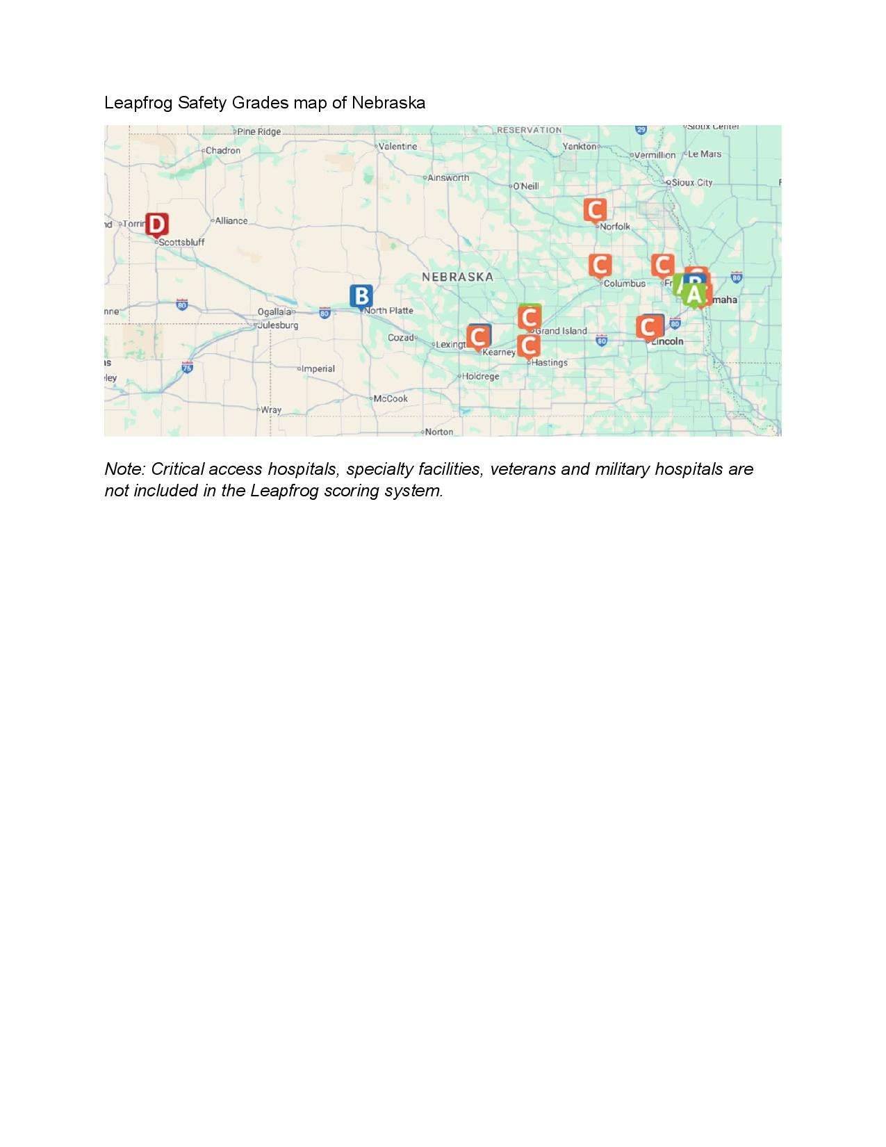 Leapfrog Safety Grades map of Nebraska. Provided by Great Plains Health.