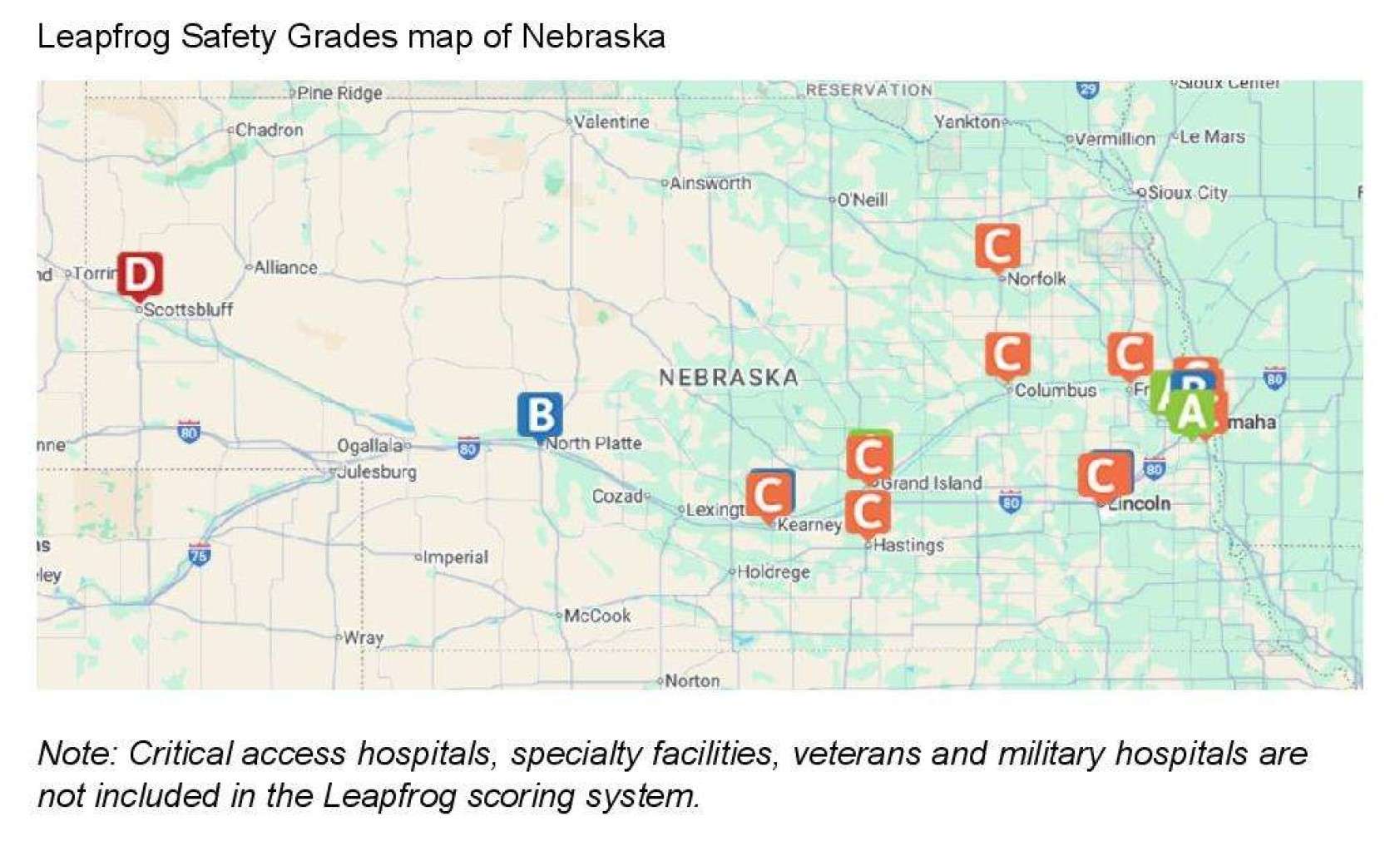 Leapfrog Safety Grades Map of Nebraska - provided by Great Plains Health