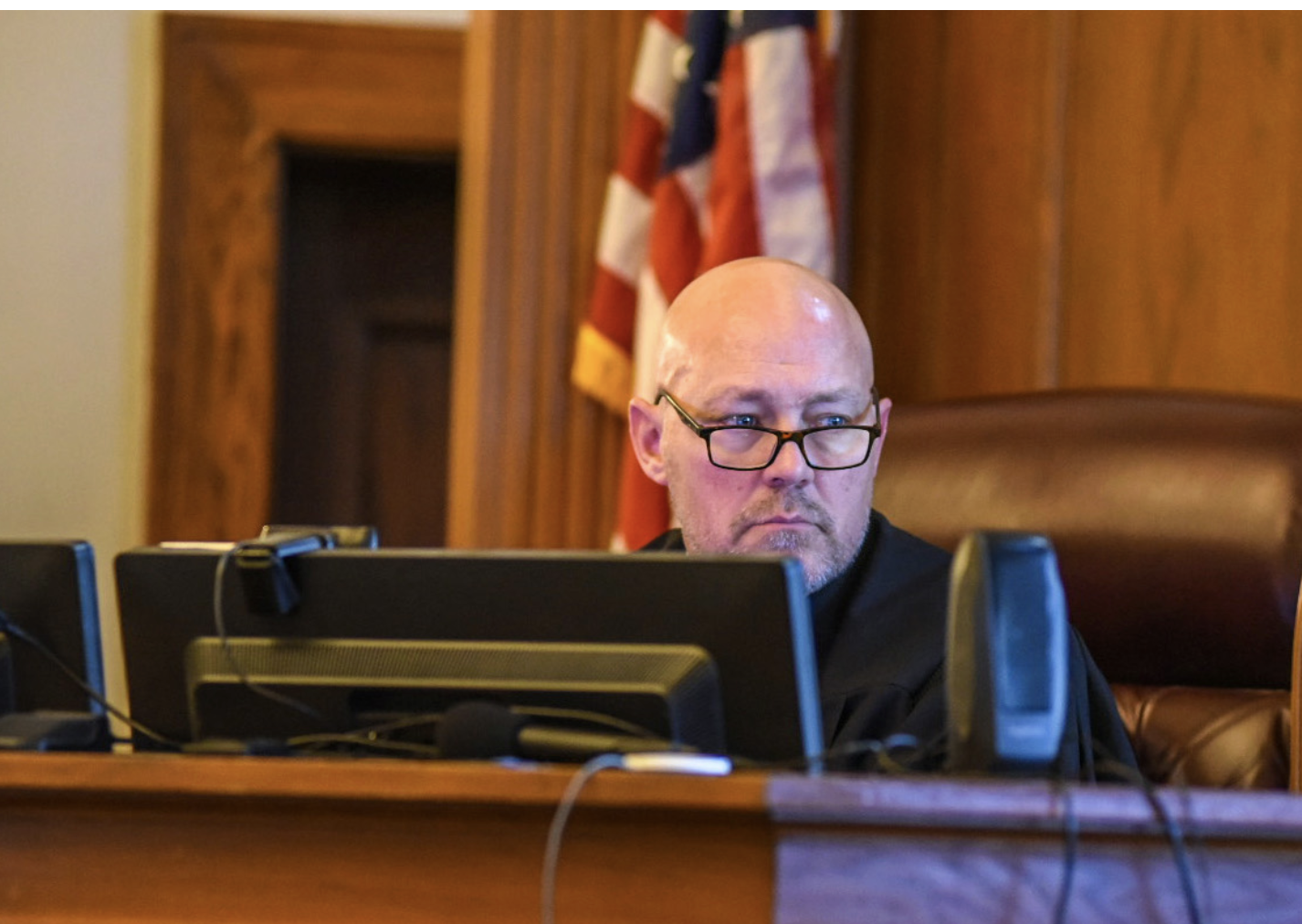 Judge Craig Carter, a Wright County judge serving in Cole County for Missouri’s gender-affirming care trial, listens to a nurse practitioner testify during the September 2024 trial (Annelise Hanshaw/Missouri Independent).