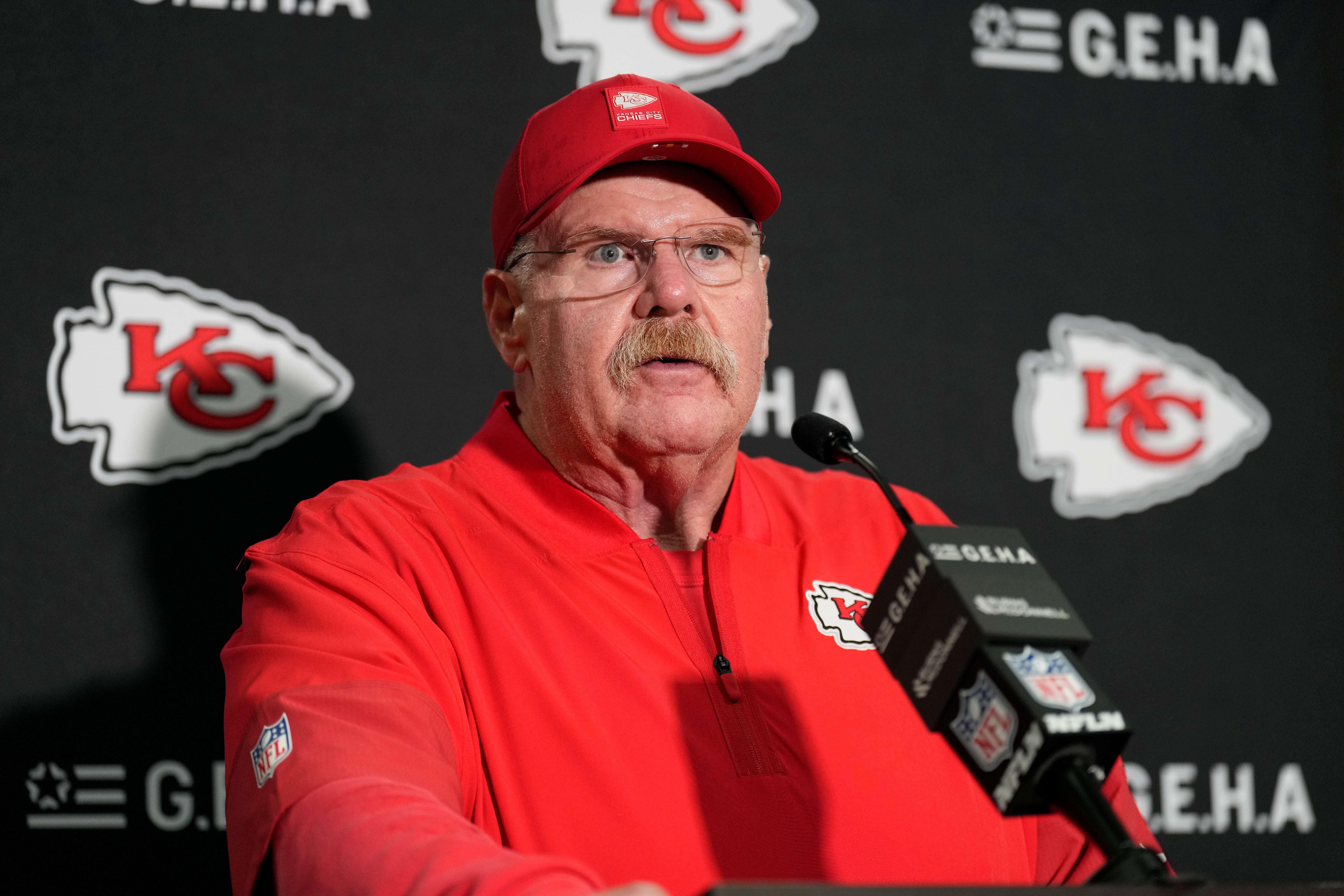 Kansas City Chiefs head coach Andy Reid speaks during a news conference following an NFL football game against the New York Giants Sunday, Sept. 21, 2025, in East Rutherford, N.J. (AP Photo/Seth Wenig)
