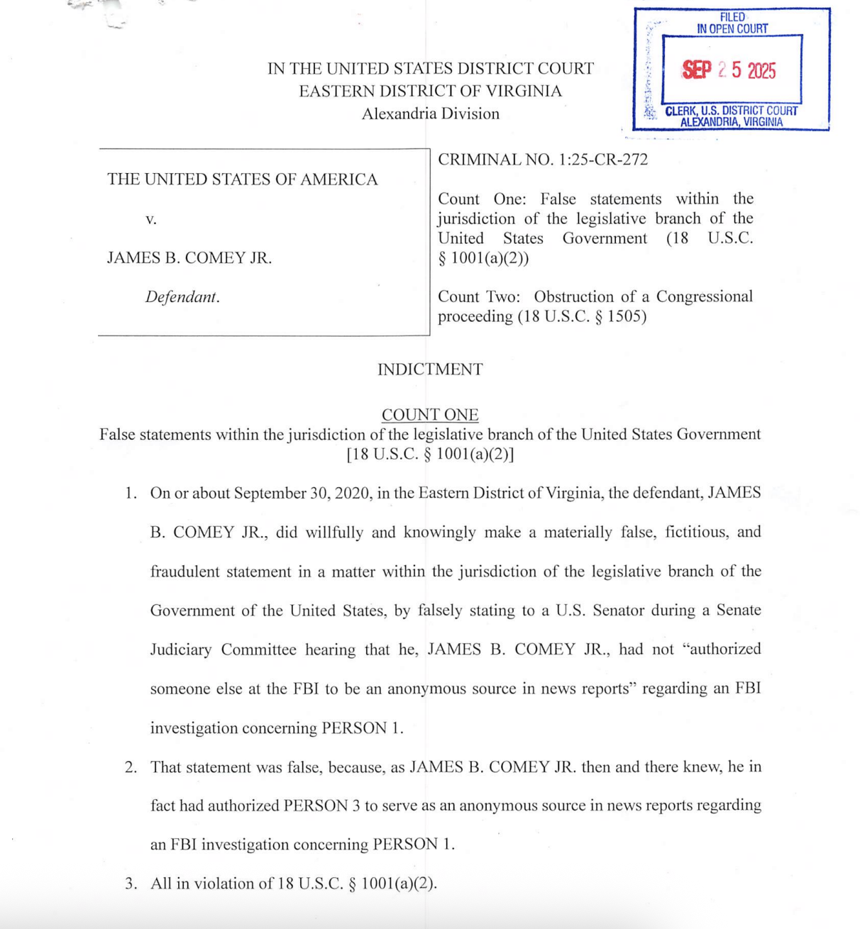 Comey indictment page 1 -United State's Attorney