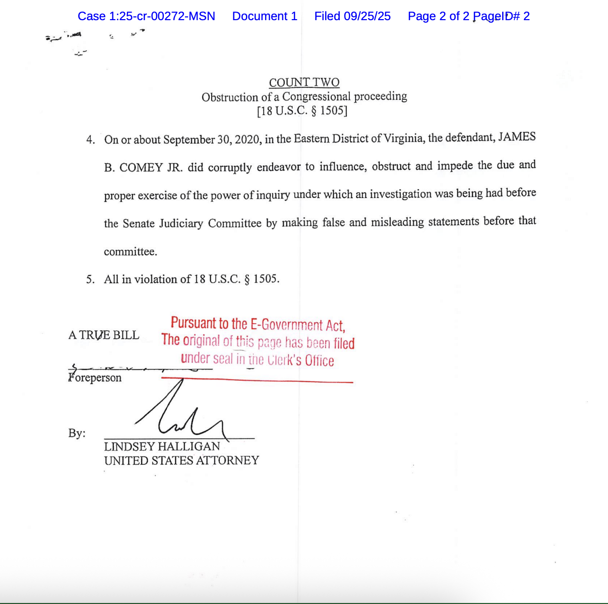 Comey indictment page 2 -United State's Attorney
