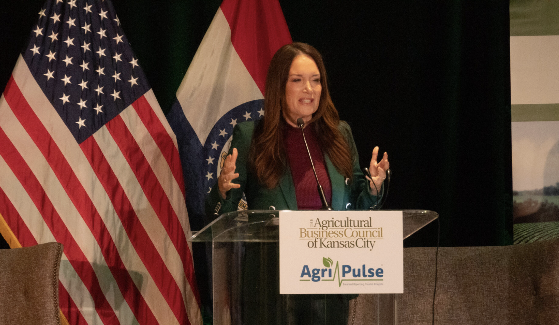  U.S. Department of Agriculture Secretary Brooke Rollins speaks at an agriculture conference on Thursday in Kansas City, where she discussed solutions to American farmers’ economic plight. (Anna Kaminski/Kansas Reflector)
