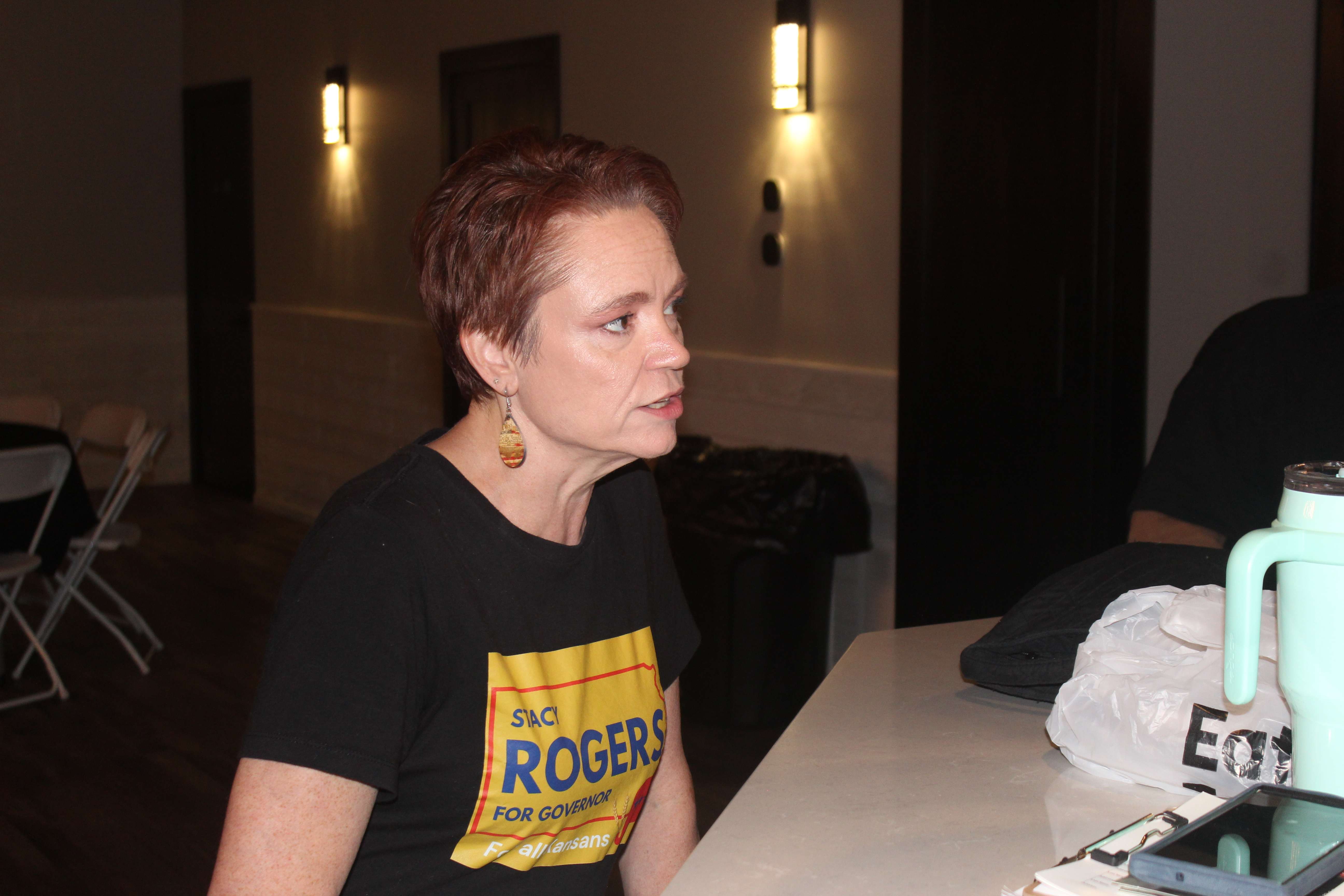 Republican candidate for Kansas governor Stacy Rogers making a campaign stop in Ellis on Wednesday. Photo by Cristina Janney/Hays Post