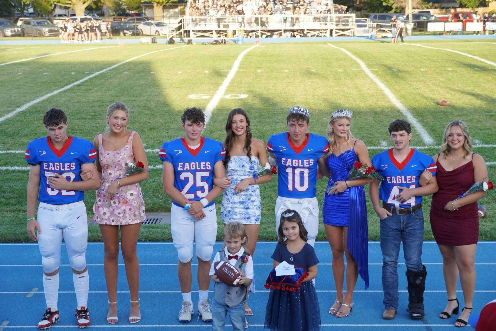Ellinwood High School celebrated its 2025 Fall Homecoming Friday night. From left: King and queen candidates Austin Shinliver, Julia Schlessiger, Drake Hosman, Kyndal Moore, Ty Hammeke, Regan Widener, Adam Hayes, and Shelby Steffan. Hammeke and Widener were voted King and Queen. (courtesy photo)