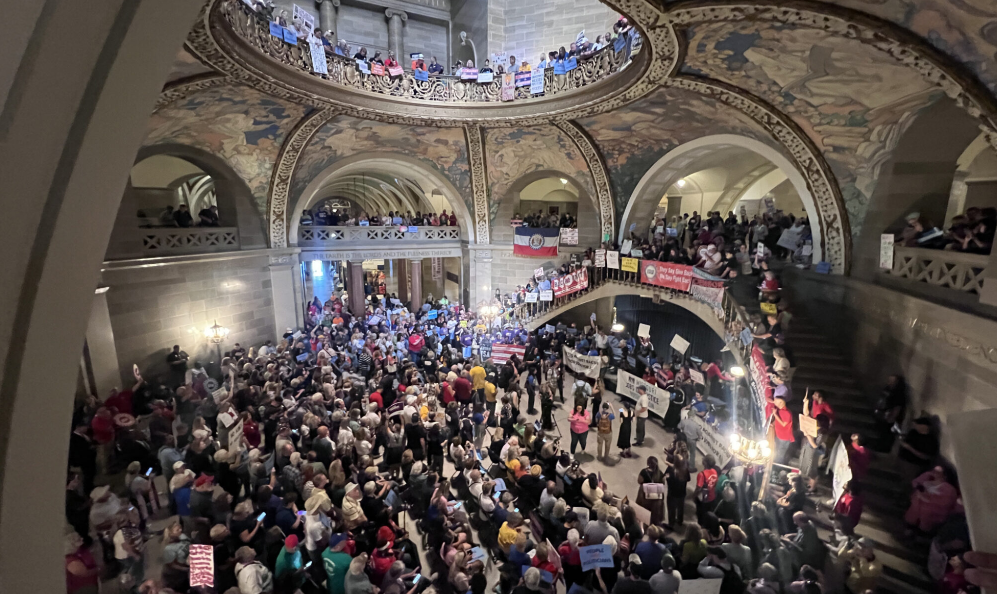  Protesters gather in the Missouri Capitol rotunda Sept. 10 in opposition to a proposed congressional district map that passed the House (Annelise Hanshaw/Missouri Independent).