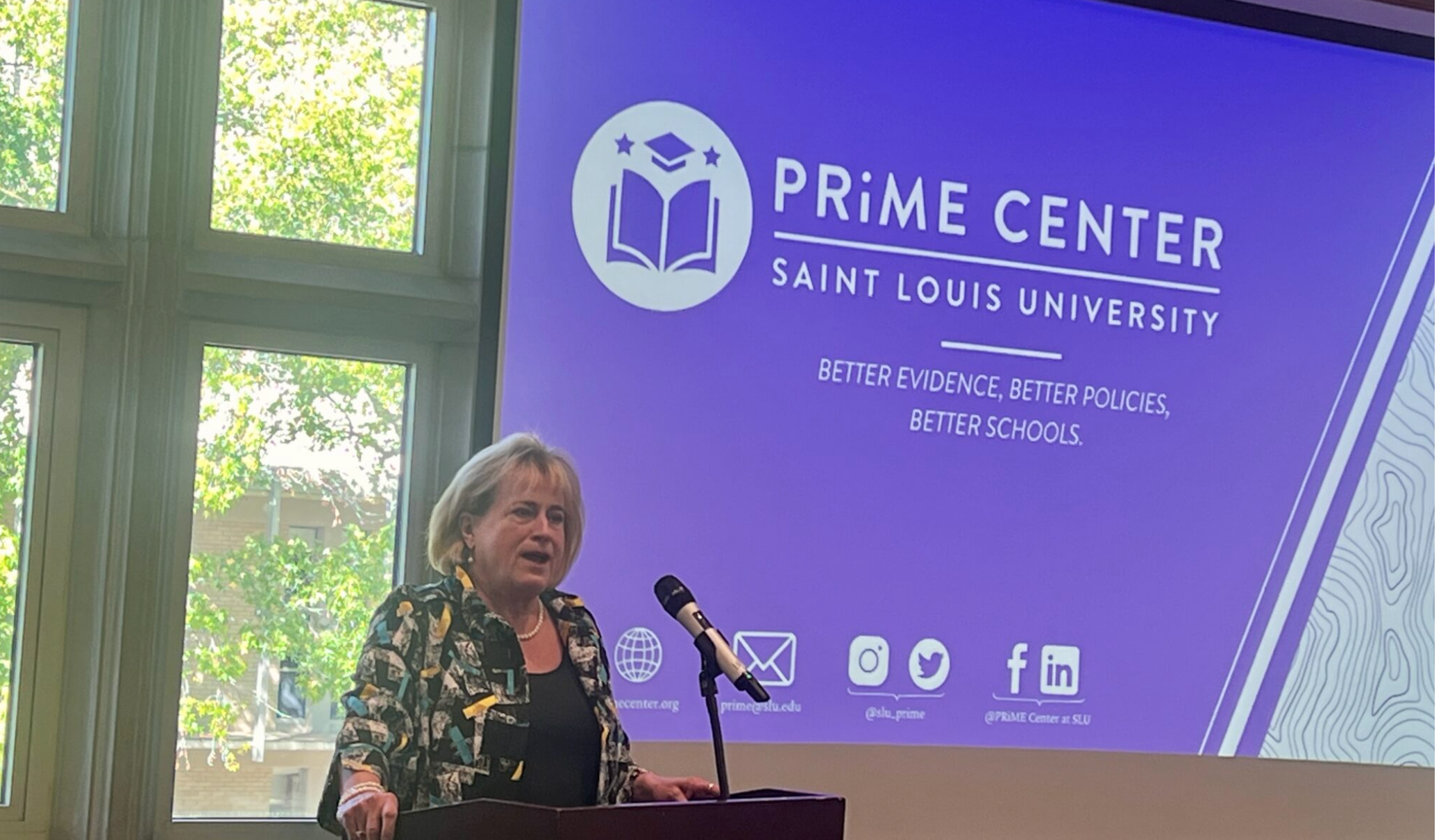  Missouri Commissioner of Education Karla Eslinger speaks at a Saint Louis University PRiME Center conference Thursday on the campus of the University of Missouri-Columbia (Annelise Hanshaw/Missouri Independent).