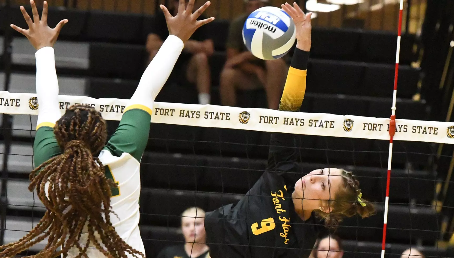 Fort Hays State's Gracie Rains (9) attempts an attack against Missouri Southern State on Friday, September 26, 2025 in Hays, Kan. (FHSU Athletics photo/Nicole Heitmann)