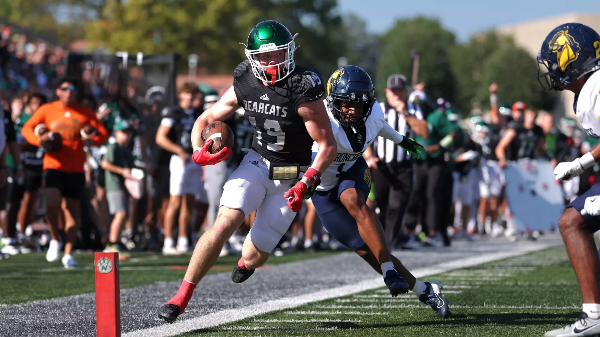 Madixx Morris makes a catch along the sideline as Northwest scored a dominant Top 25 win over Central Oklahoma, beating the Bronchos 38-16 on Family Weekend in Maryville/ Photo by Aaron Hare- Northwest Athletics