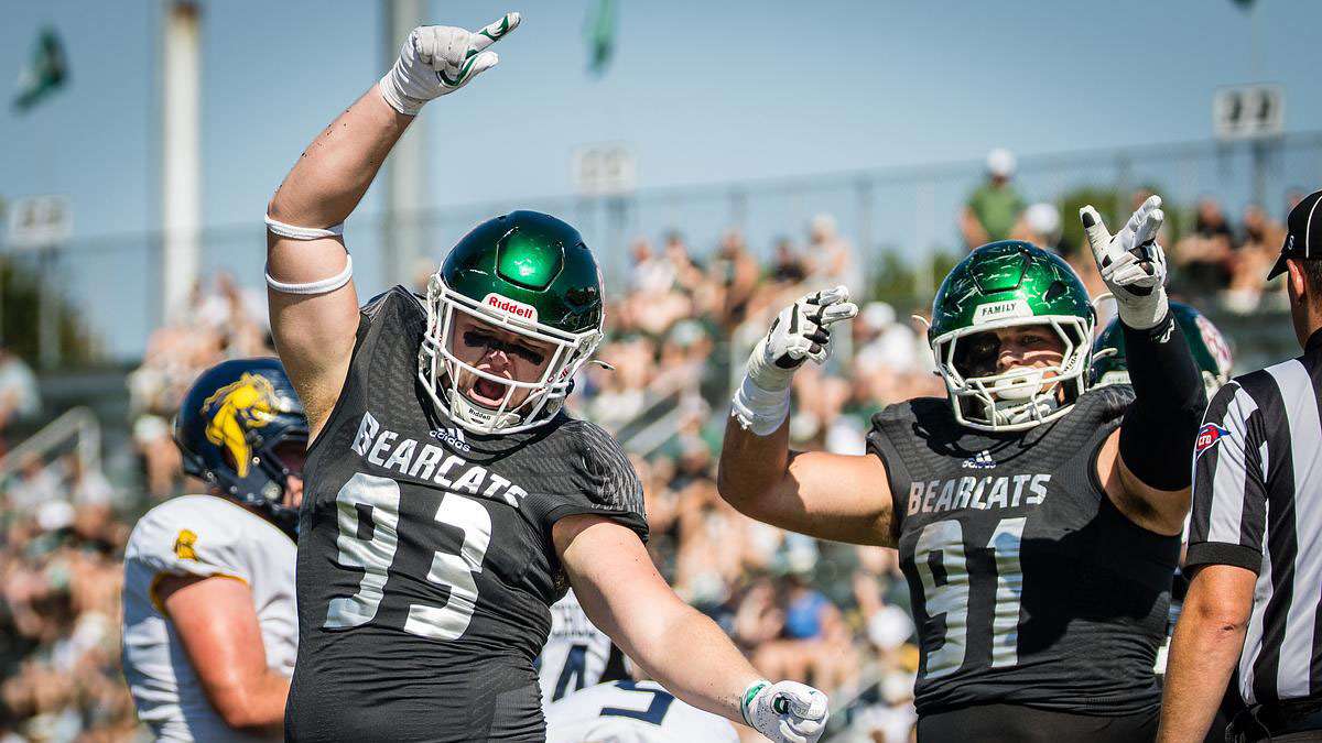 Grant Berry (93) and Clayton Power (91) celebrate.&nbsp; Power was named the MIAA Defensive Lineman of the Year/ File Photo
