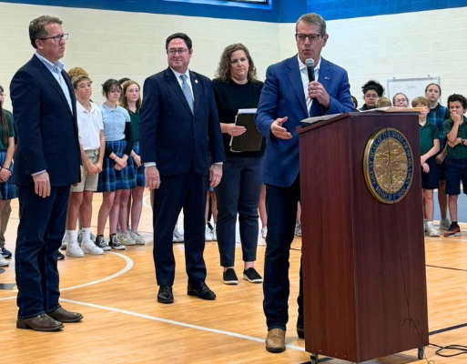 Gov. Jim Pillen, Congressman Adrian Smith &amp; Congressman Mike Flood announcing Nebraska’s intent to opt into the new Federal Scholarship Tax Credit  at St. Teresa Catholic School in Lincoln