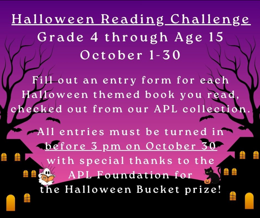 Halloween Reading Challenge Grade 4 through Age 15 (courtesy Alliance Public Library)