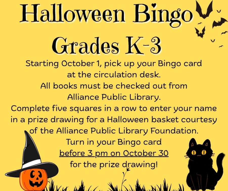 Halloween Bingo K-3 (courtesy Alliance Public Library)
