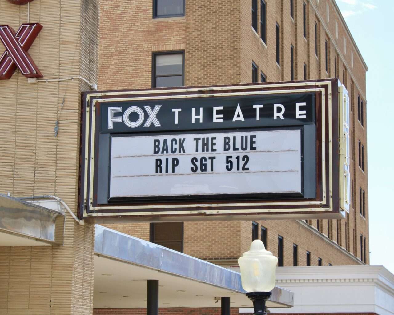 The Fox Theatre sign with a message for&nbsp;Sgt. Scott Heimann. Photo by Tony Guerrero/Hays Post