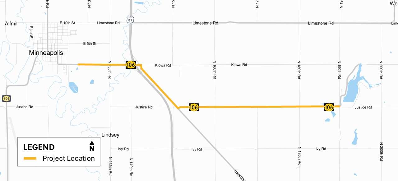 K-106 resurfacing has begun in Ottawa County and scheduled to be completed November, 2025. Courtesy of KDOT