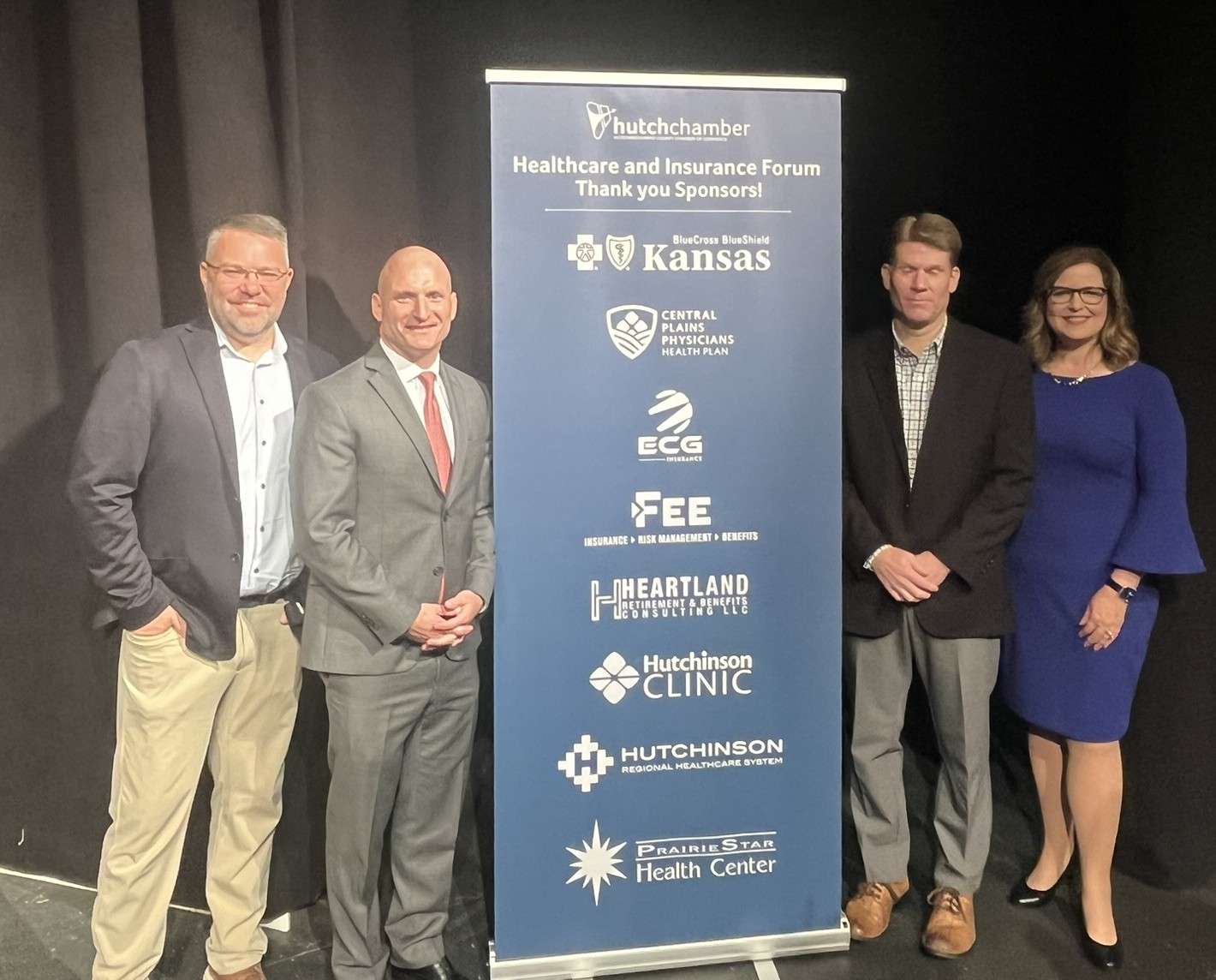 Benjamin Anderson CEO of Hutchinson Regional Healthcare System, Kolbe Sheridan CEO of Hutchinson Clinic, Bryant Anderson CEO of PrairieStar Health Center and Debra Teufel President and CEO of the Hutchinson/Reno County Chamber following the Healthcare and Insurance Forum held on Sept. 30, 2025 (Hutch Post Photo/Marc Jacobs)
