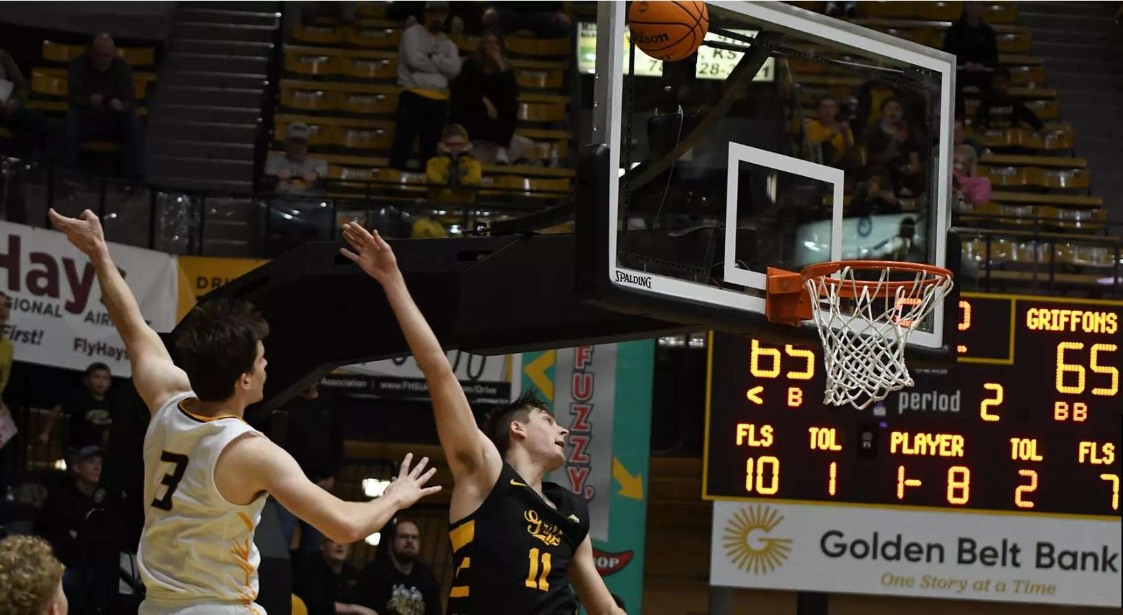 Fort Hays State's Lucas Hammeke (3) attempts a game-winning shot over Missouri Western State's William Kiburis (11) with four seconds to play on Saturday, January 3, 2026 in Hays, Kan. (FHSU Athletics photo/Nicole Heitmann)