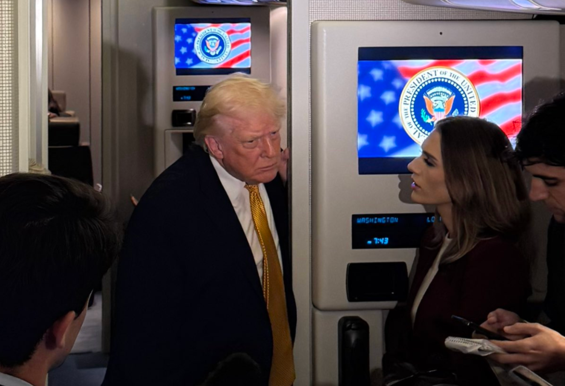 PresidentTrump talking to reporters Sunday aboard Air Force One- photo by Margo Martin, Special Assistant to the President