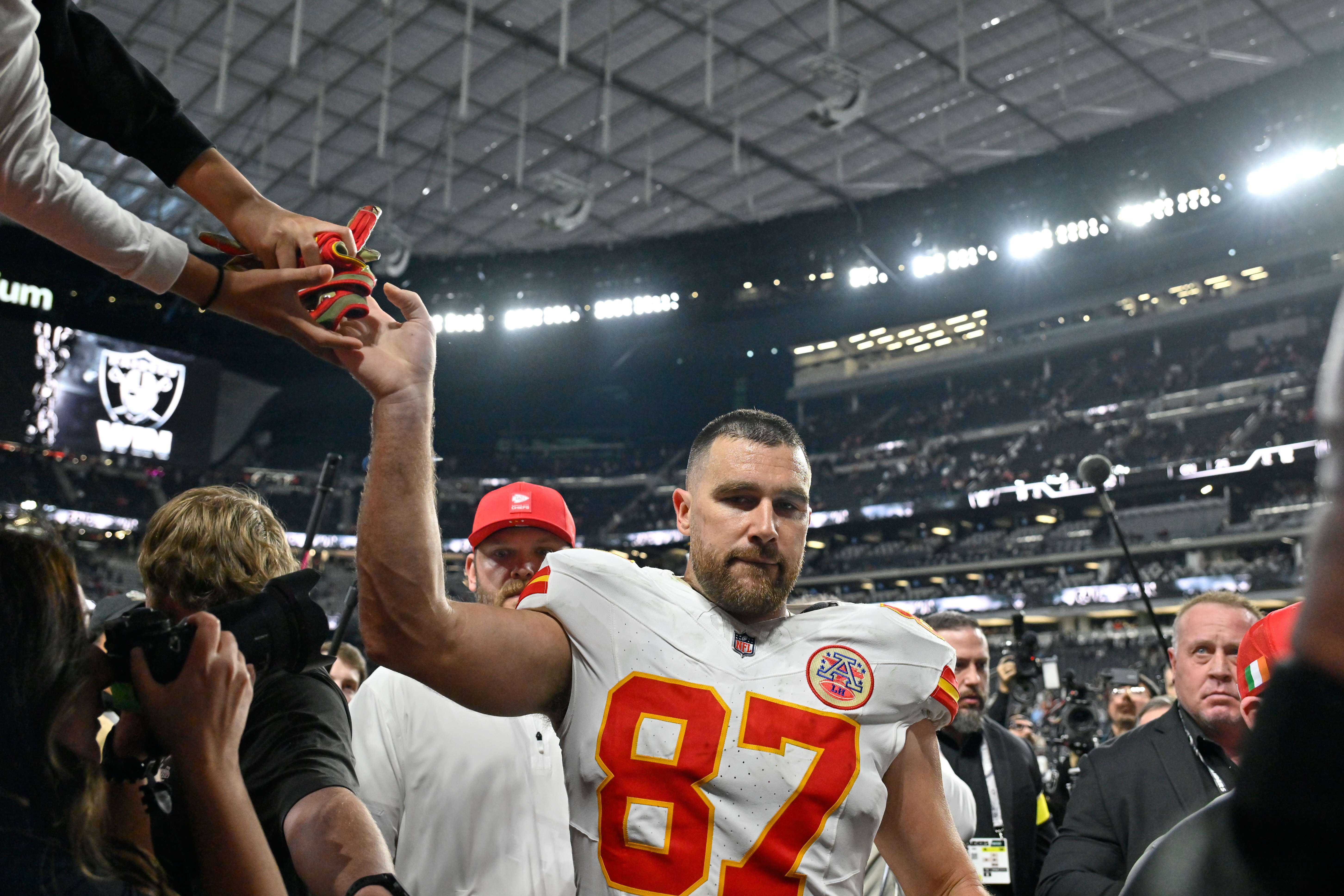 Kansas City Chiefs tight end Travis Kelce heads off the field following an NFL football game against the Las Vegas Raiders Sunday, Jan. 4, 2026, in Las Vegas. (AP Photo/David Becker)