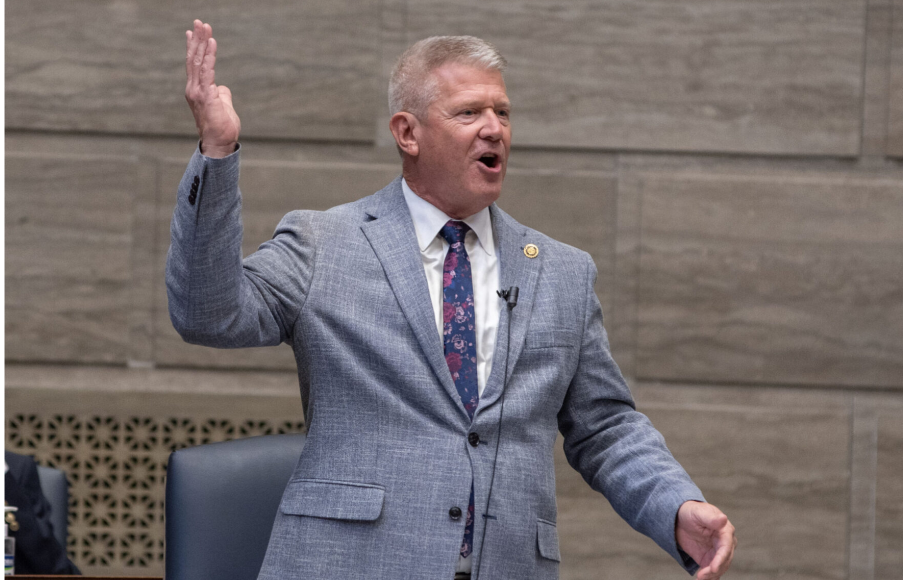 Senate Minority Leader Doug Beck, a Democrat from Affton, won't reveal how Democrats plan to disrupt the opening weeks of the 2026 legislative session. He is shown speaking against proposed Senate rule changes during the special session for redistricting in September (Annelise Hanshaw/Missouri Independent).