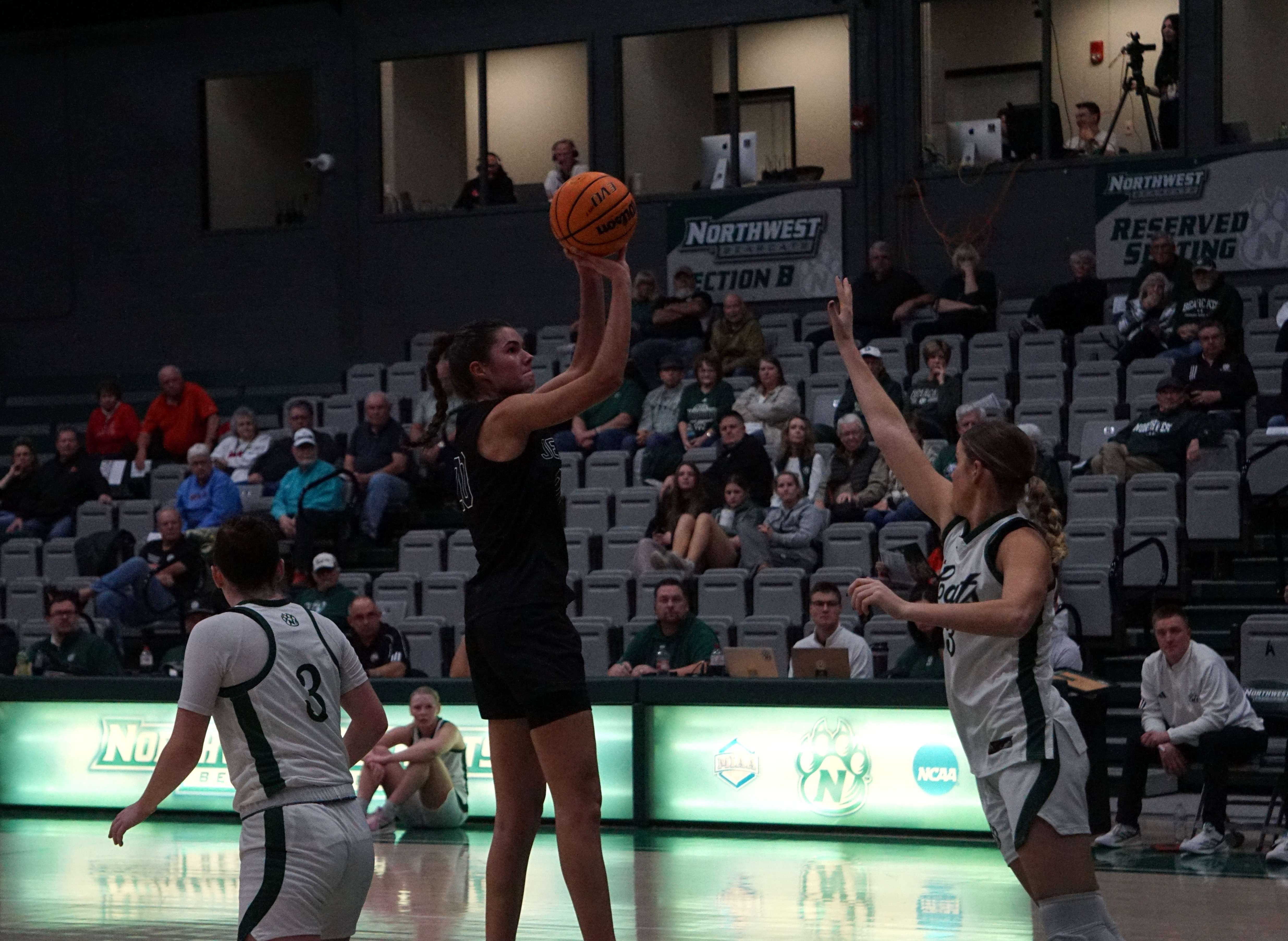 UCM's Taylor Weishaar. a former standout at Riverside, takes a shot against Northwest's Avery Yosten/ Photo by Matt Pike