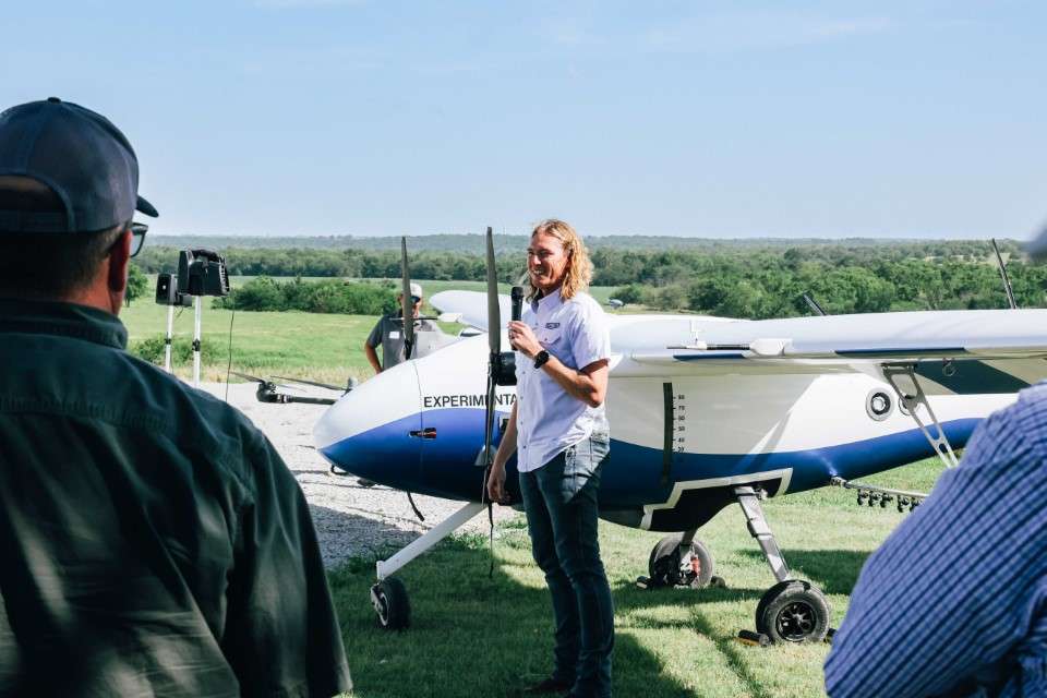 Lukas Koch, CEO of Kelly Unmanned Systems, presents on the Pyka — the largest commercial drone approved by to operate in the U.S. by the Federal Aviation Administration — at the AI in Kansas Ag Conference, co-hosted by ID3A and K-State Extension in summer 2025. Courtesy photo