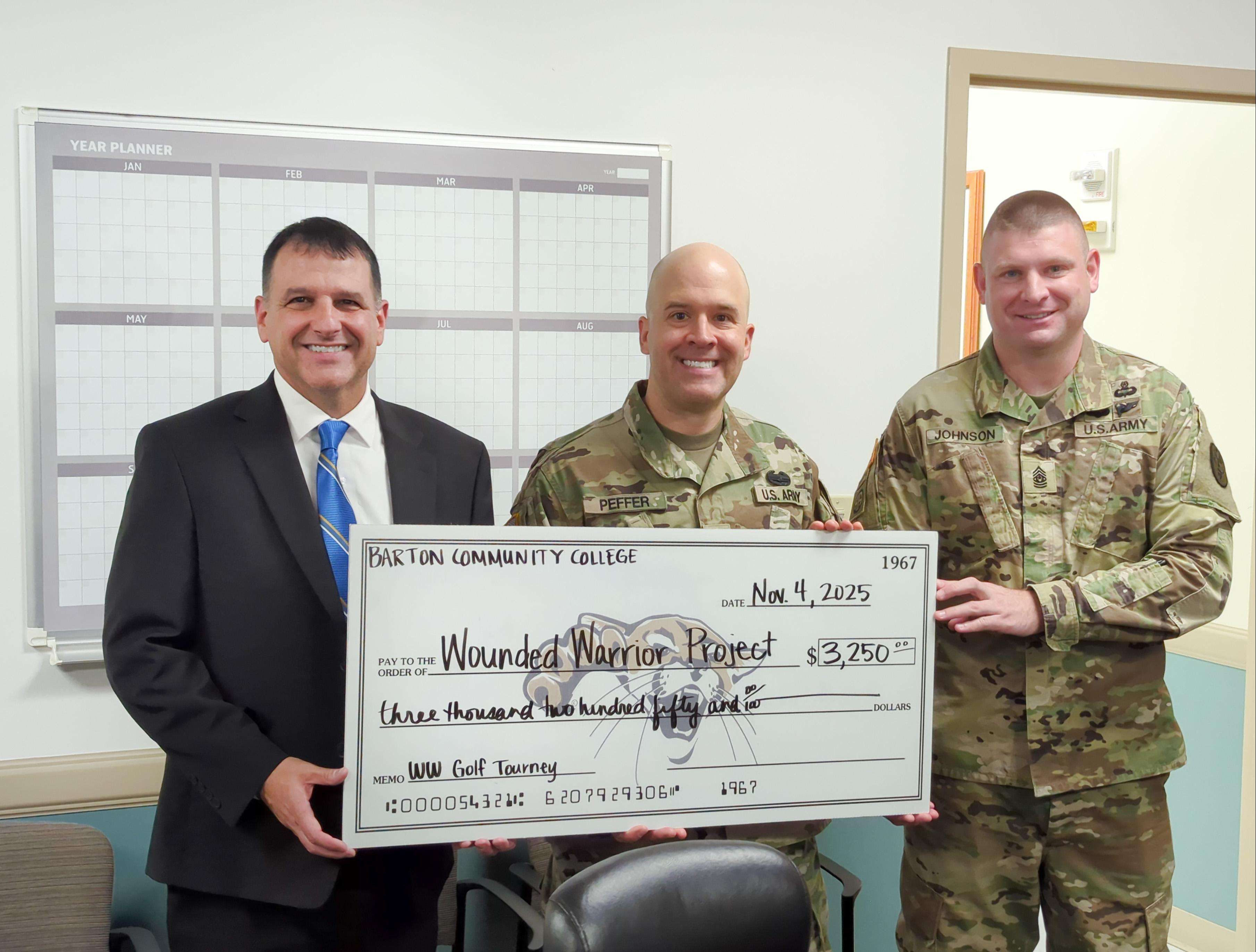 From left: Barton President Dr. Marcus Garstecki, LTC Benjamin J. Peffer, and CSM Ryan C. Johnson.