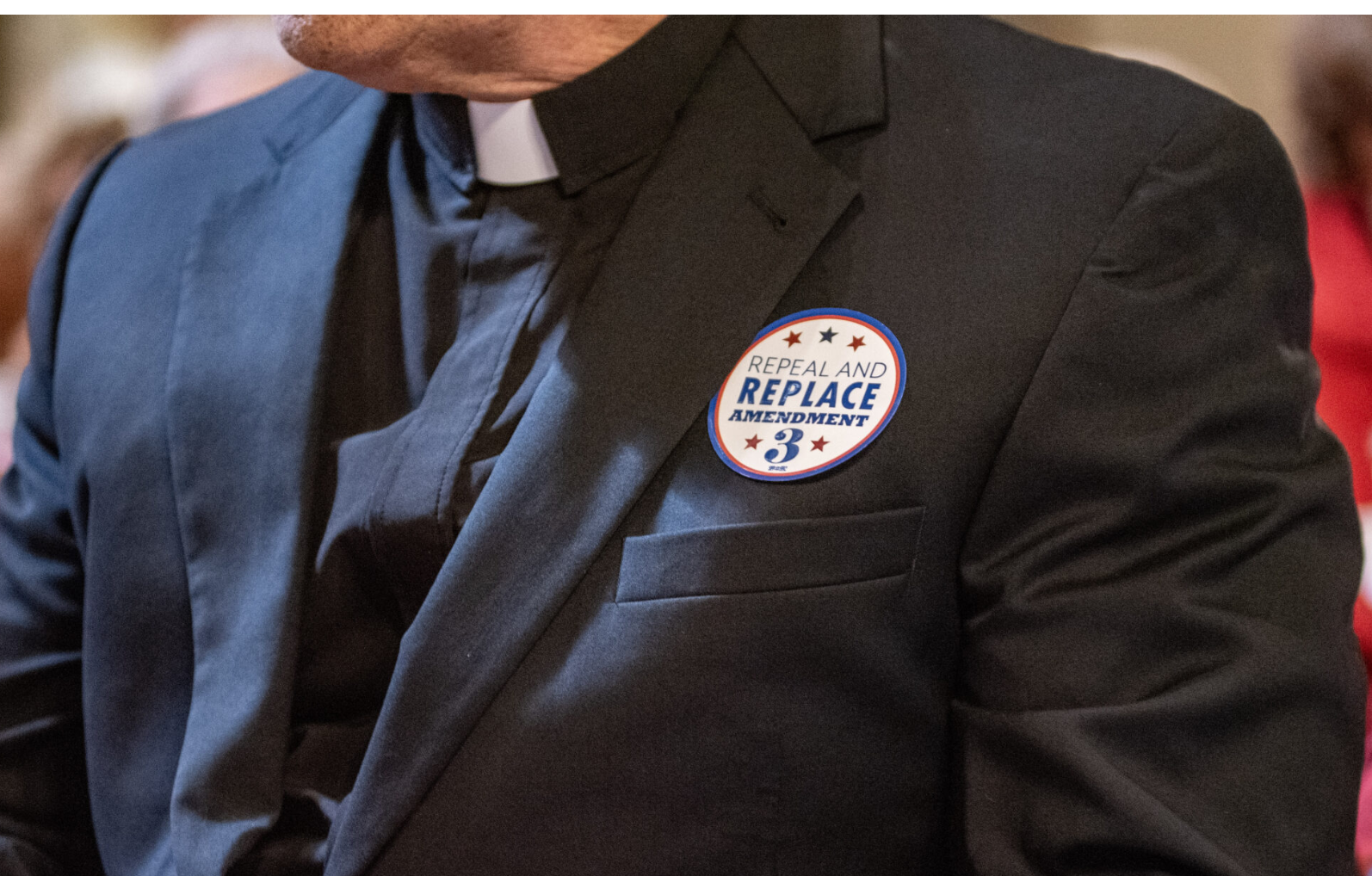 Stickers saying “repeal and replace Amendment 3,” the name of the 2024 reproductive rights amendment, are distributed during Missouri Right to Life advocacy day at the Missouri State Capitol in March 2025 (Annelise Hanshaw/Missouri Independent).