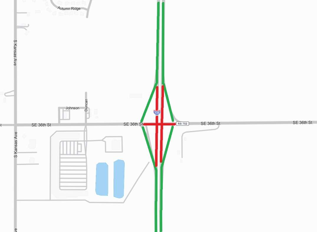 Open areas are in green, closed in red. (Graphic courtesy Kansas Department of Transportation.)