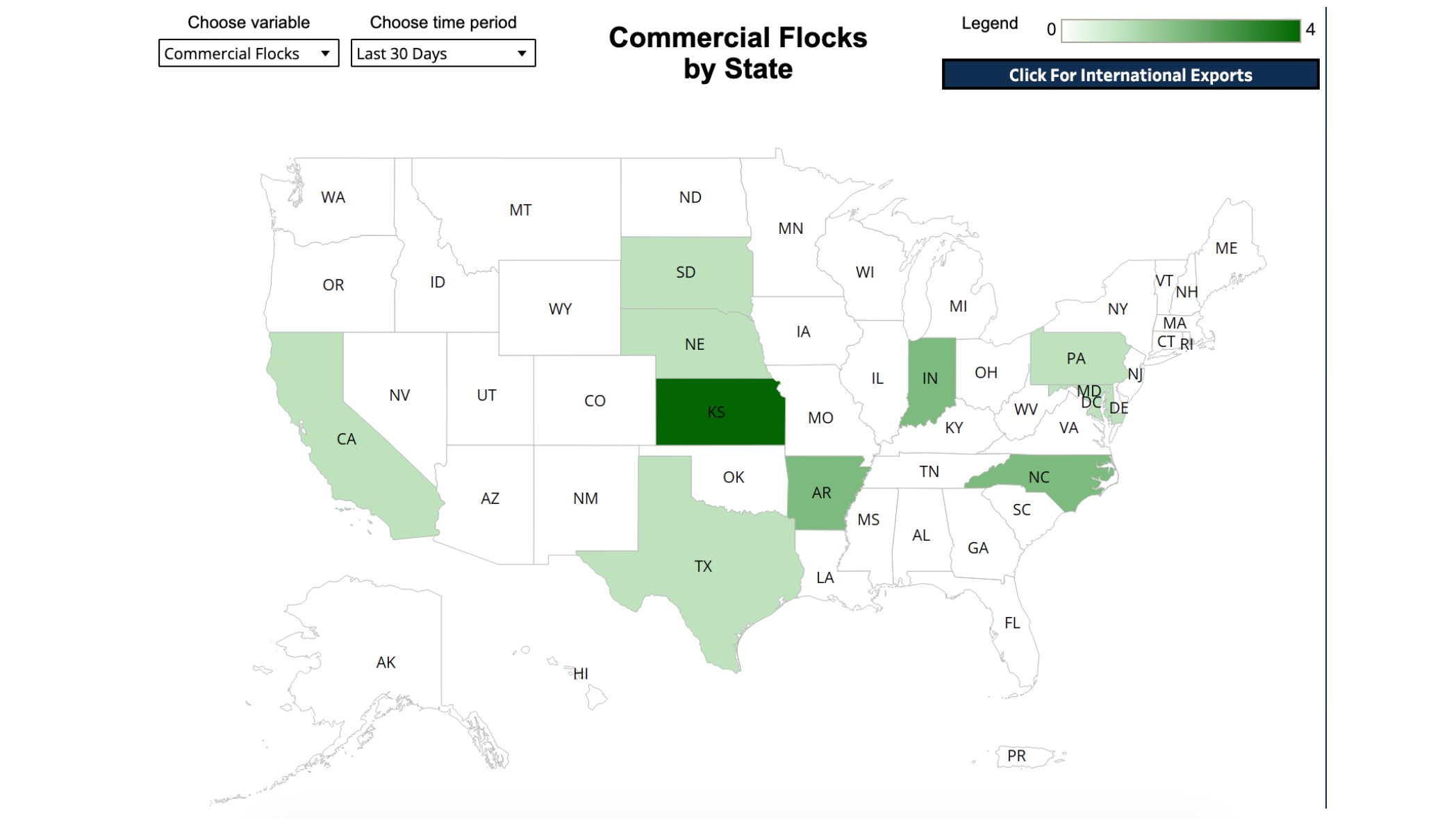 This U.S. Department of Agriculture map highlights the cases of avian influenza reported in commercial flocks throughout the country. Kansas is the only state to rank at the severe end of the scale. (Kansas Reflector screen capture from U.S. Department of Agriculture website)