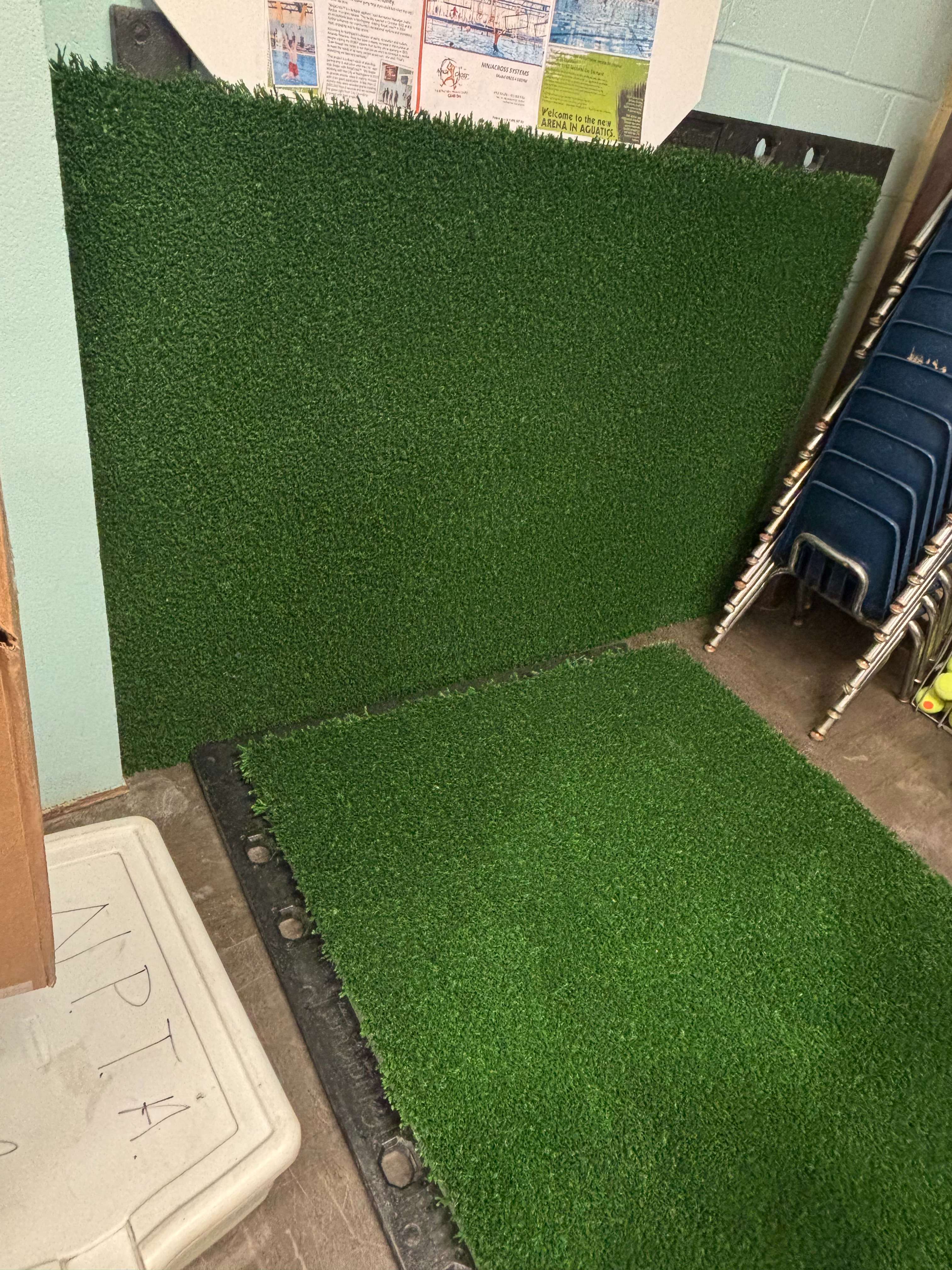 Turf panels to be used for the indoor gymnasium, allowing the Rec Center to transform the new hardwood baskeball courts into a football, soccer, baseball field, etc. (Allison Peck | North Platte Post)