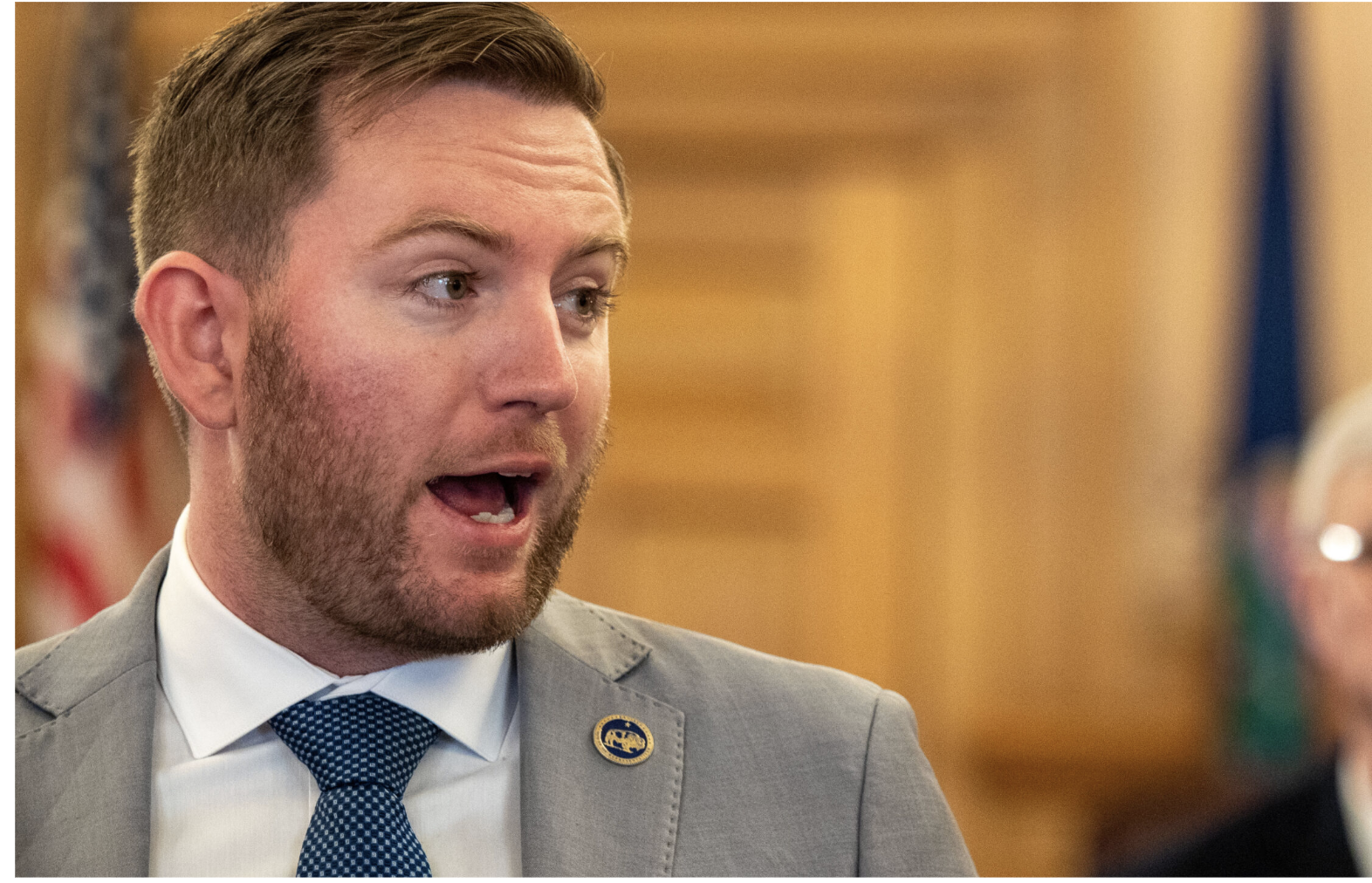 House Minority Leader Brandon Woodard, a Democrat from Johnson County, speaks to reporters at a Jan. 12, 2026, news conference at the Statehouse where he outlines House Democrats’ ideas to address the rising cost of living. (Photo by Sherman Smith/Kansas Reflector)
