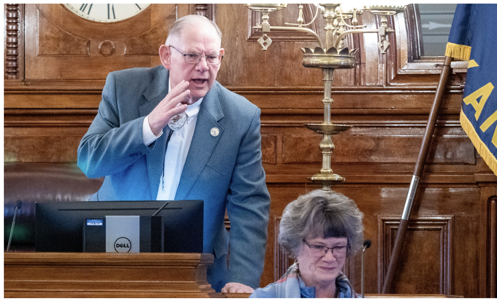 House Speaker Dan Hawkins, R-Wichita, speaks to a House colleague before convening the Kansas House on Monday Jan. 12, 2026. Hawkins is seeking the Republican nomination for state insurance commissioner, and that candidacy means he will be leaving the Legislature in January. (Photo by Sherman Smith/Kansas Reflector)