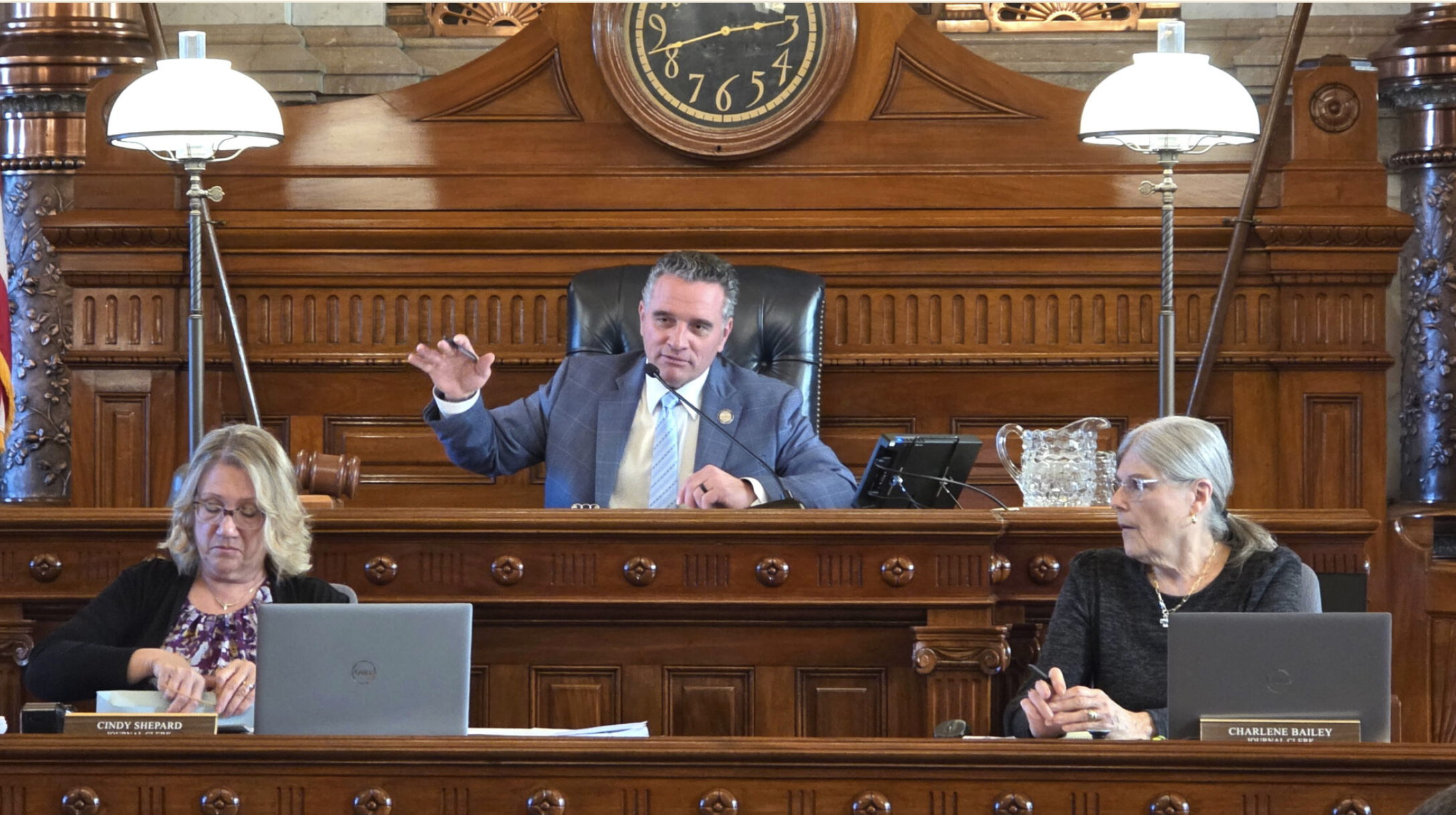  Senate President Ty Masterson, an Andover Republican, convenes the Kansas Senate at outset of the 2026 Kansas legislative session Monday Jan. 12. Masterson, who has served in the Kansas Legislature since 2005, is seeking the GOP nomination for governor in a crowded primary. (Photo by Morgan Chilson/Kansas Reflector)