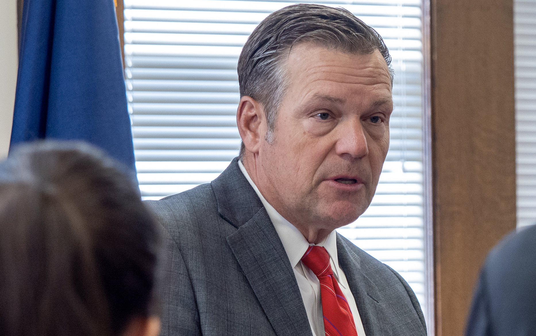  Kris Kobach speaks to reporters at a news conference on Oct. 1, 2025, in Topeka, Kansas. He released the details Monday of a new grant program for K-12 public schools interested in using AI-powered firearm detection software to prevent potential acts of gun violence. (Photo by Sherman Smith/Kansas Reflector)