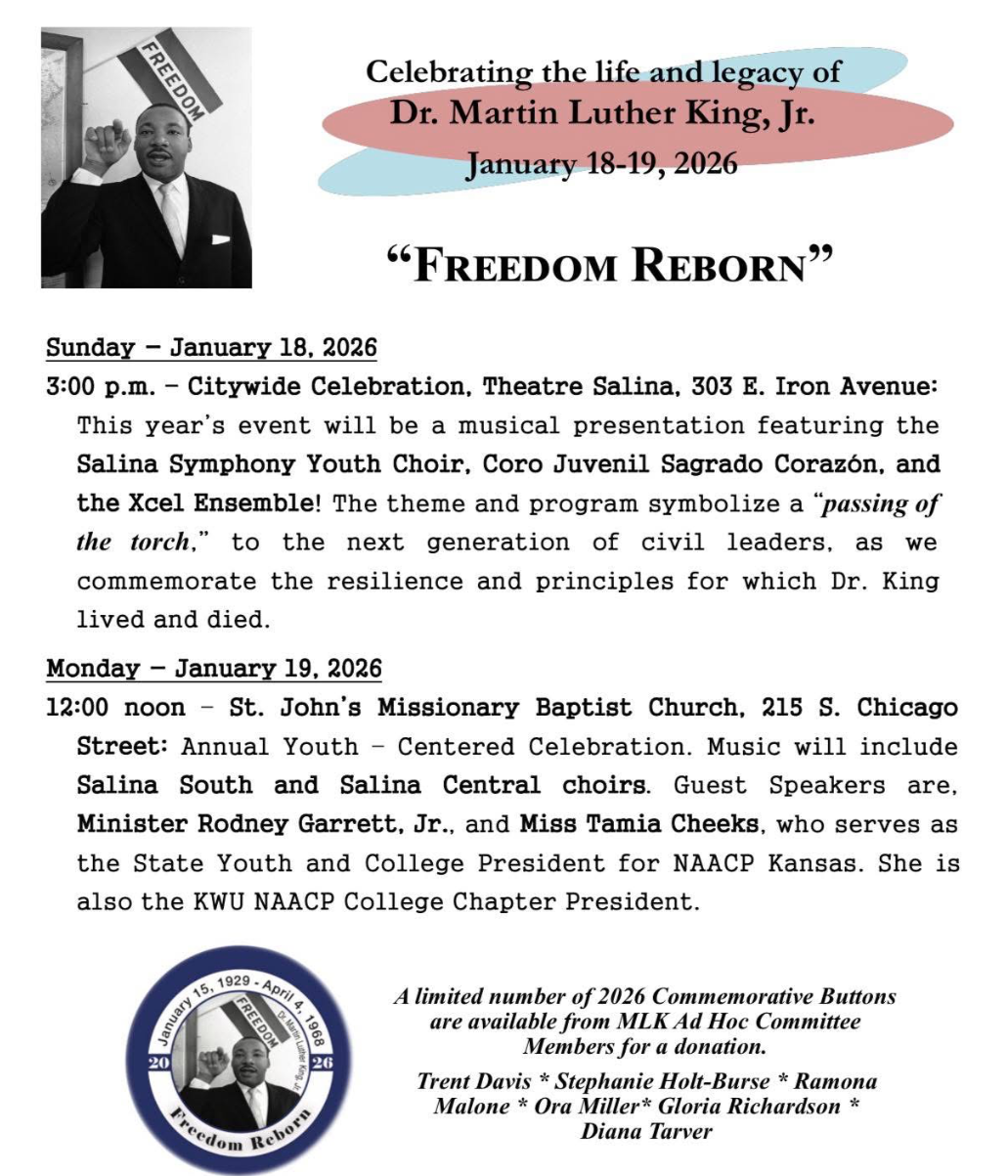 Flyer of City-wide celebrations for MLK, Jr. Holiday to occur in Salina Jan. 18-19, 2026.