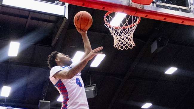 Daleron Thomas and the Blue Dragon men's basketball team plays at Pratt at 5:30 p.m. on Wednesday at the Dennis Lesh Sports Arena. (Sydney Holzrichter/Blue Dragon Sports Information)