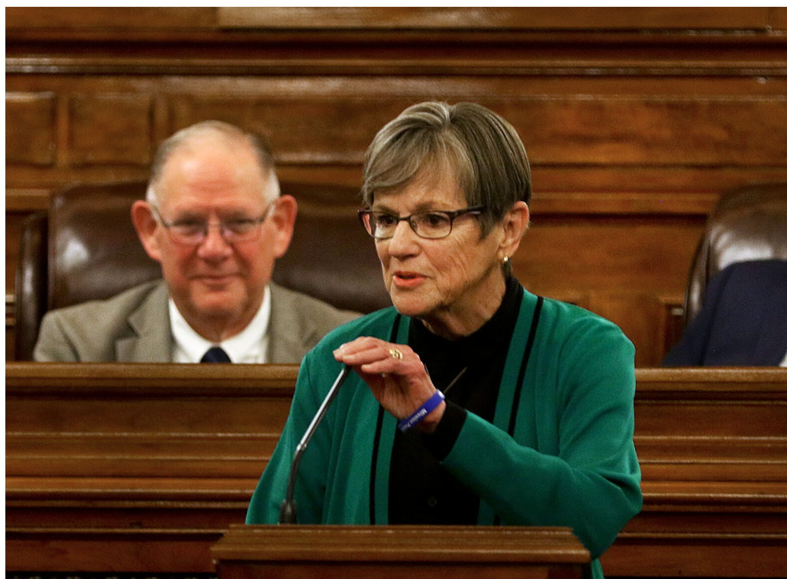 Gov. Laura Kelly during her State of the State speech on Jan. 13, 2026, in the Kansas House. (Photo by Thad Allton for Kansas Reflector)