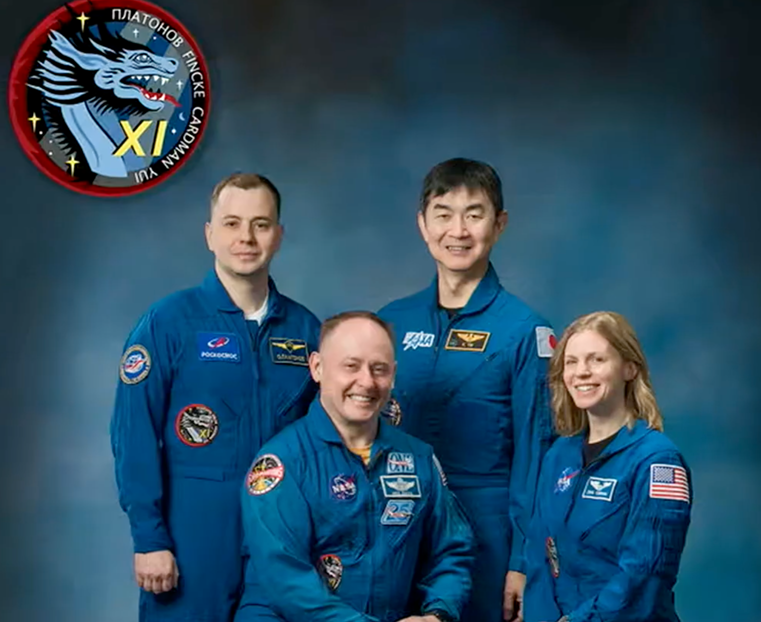 The official portrait of the four members of NASA’s SpaceX Crew-11 mission aboard the International Space Station. From left, are Roscosmos cosmonaut Oleg Platonov, NASA astronaut Mike Fincke, JAXA (Japan Aerospace Exploration Agency) astronaut, and NASA astronaut Zena Cardman. NASA/Robert Markowitz