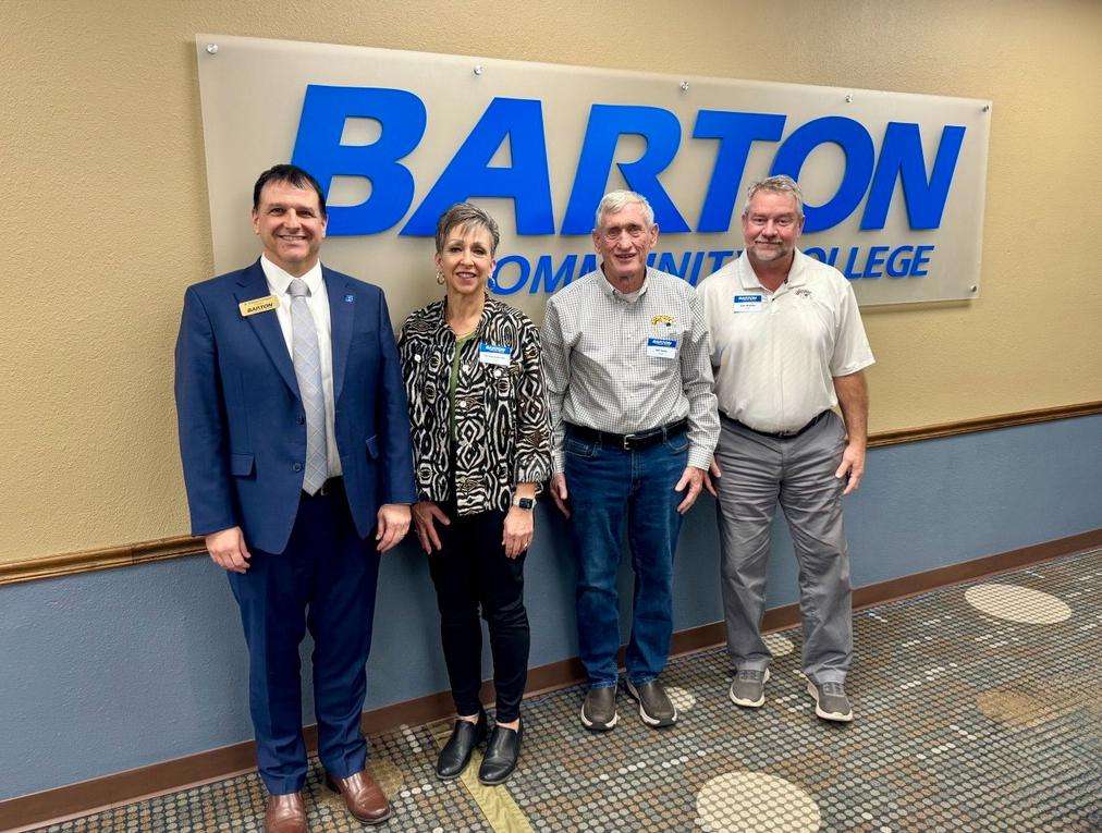 From left, Barton President Dr. Marcus Garstecki, newly elected trustee Kimberly Becker, and re-elected trustees Carl Helm and John Moshier.